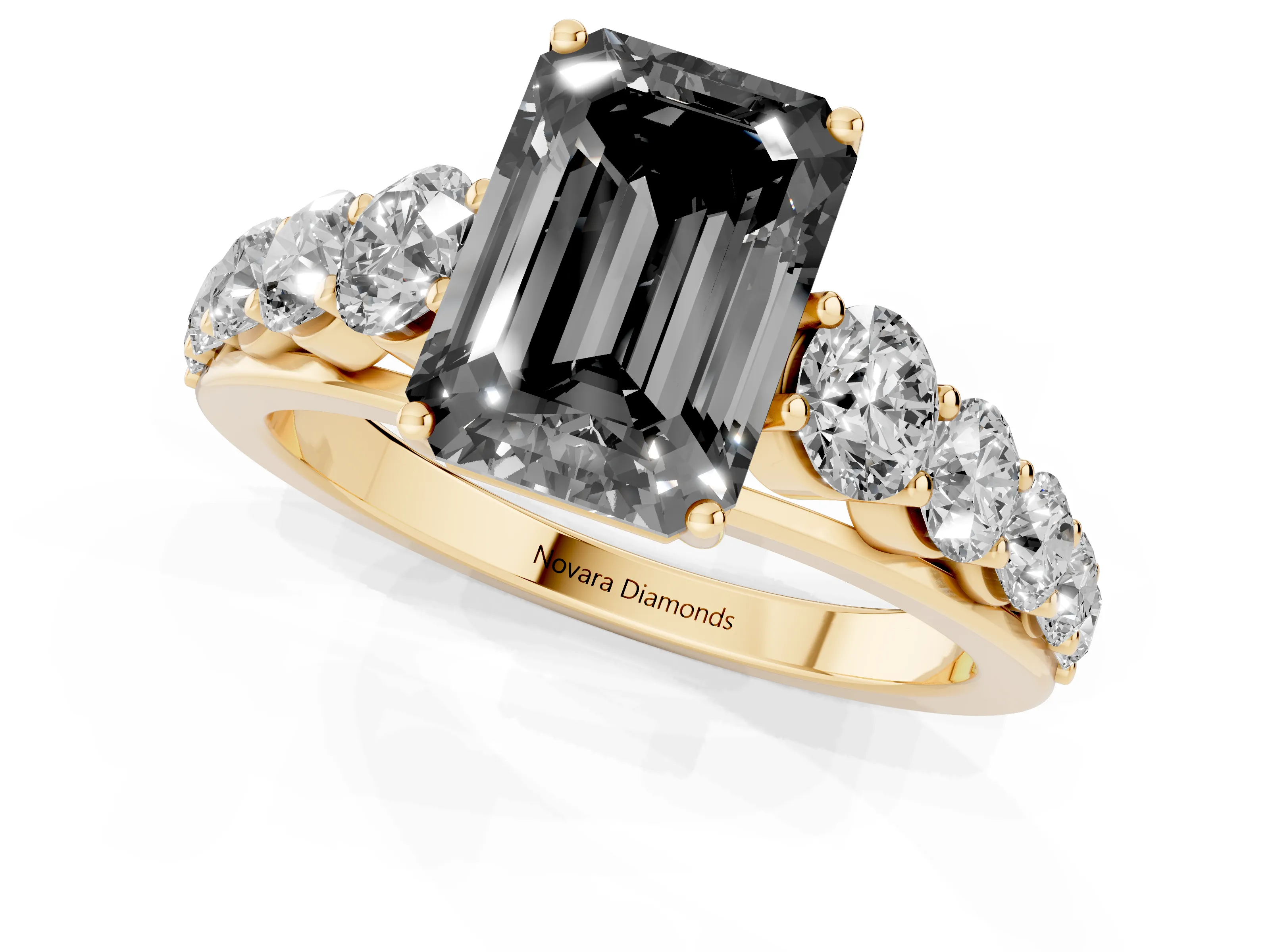 Fancy Black Emerald Cut Diamond Solitaire Ring Set in Yellow gold with Pavé-Set Band and Prong Setting