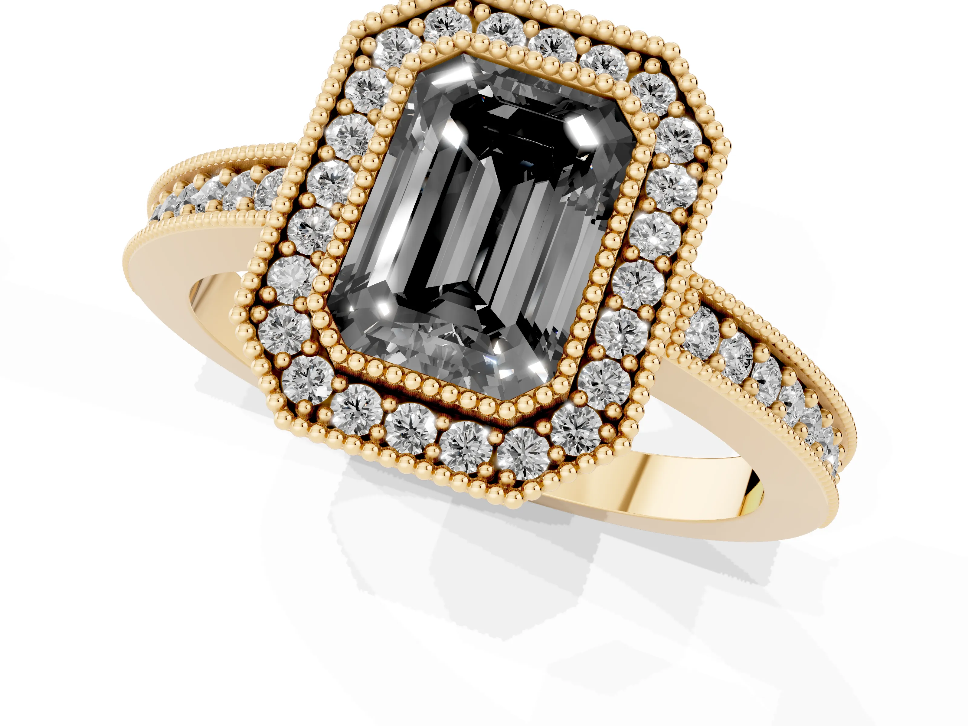 Fancy Black Emerald Cut Diamond Halo Engagement Ring Set in Yellow gold with Pavé Band and Round Halo Stones