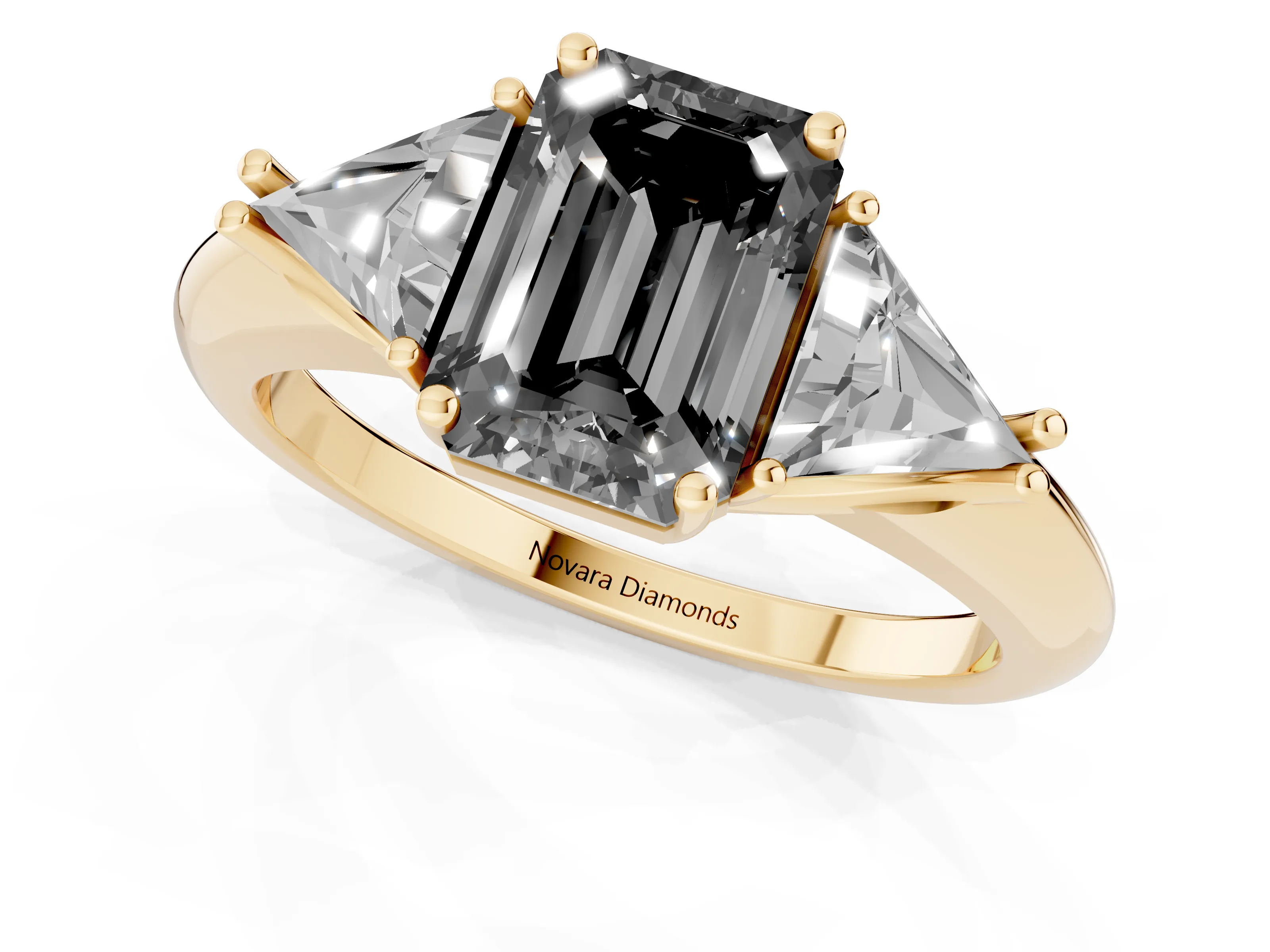Fancy Black Emerald Cut Diamond Three-Stone Engagement Ring Set in Yellow gold with Trillion Side Stones