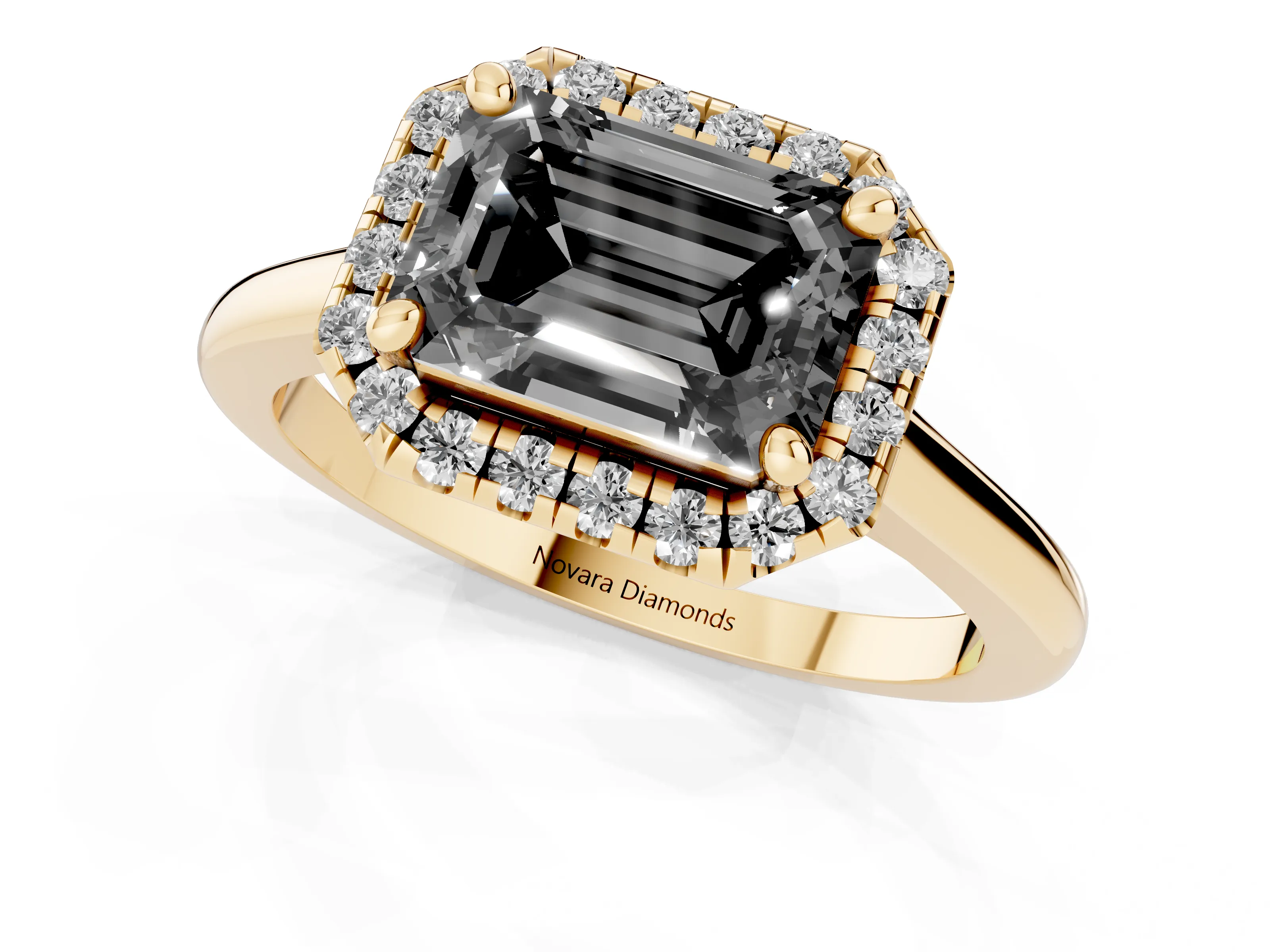 Fancy Black Emerald Cut Diamond Halo Engagement Ring Set in Yellow gold with Pavé Band and Rising Shoulders