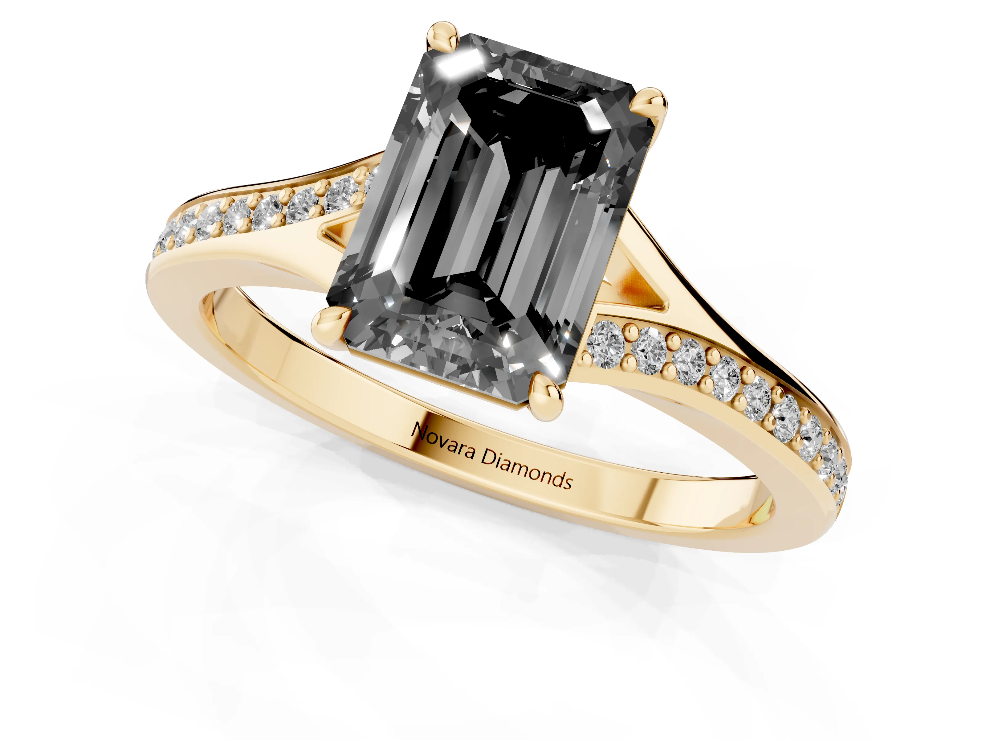 Fancy Black Emerald Cut Diamond Solitaire Ring Set in Yellow gold with Pavé Accent Band and Classic Prong Setting