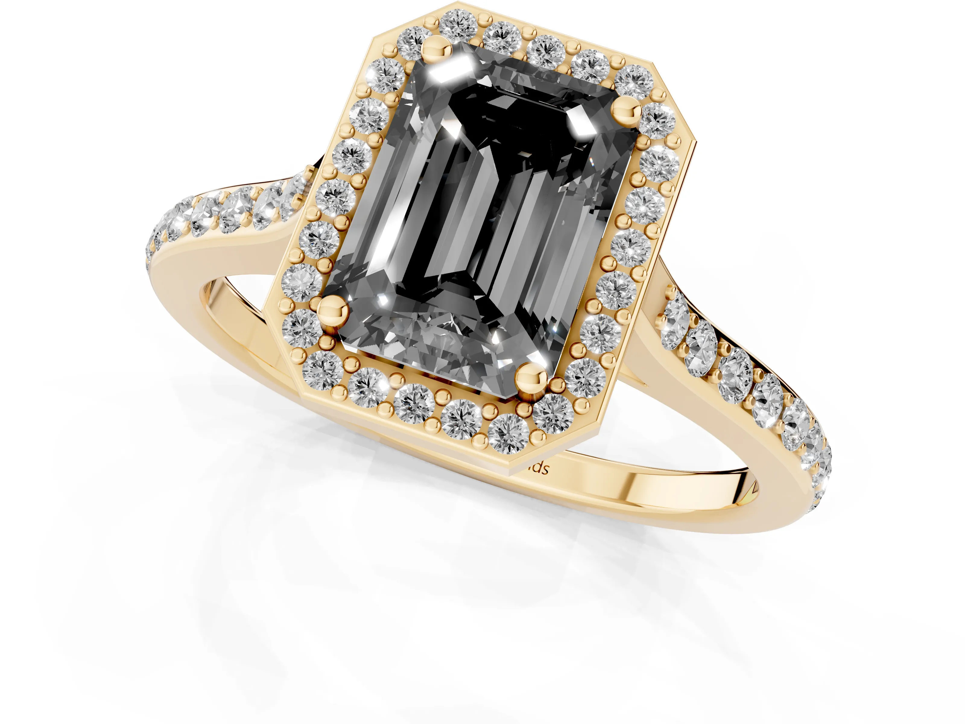 Fancy Black Emerald Cut Diamond Halo Engagement Ring Set in Yellow gold with Round Pavé Shoulders and Heart Gallery