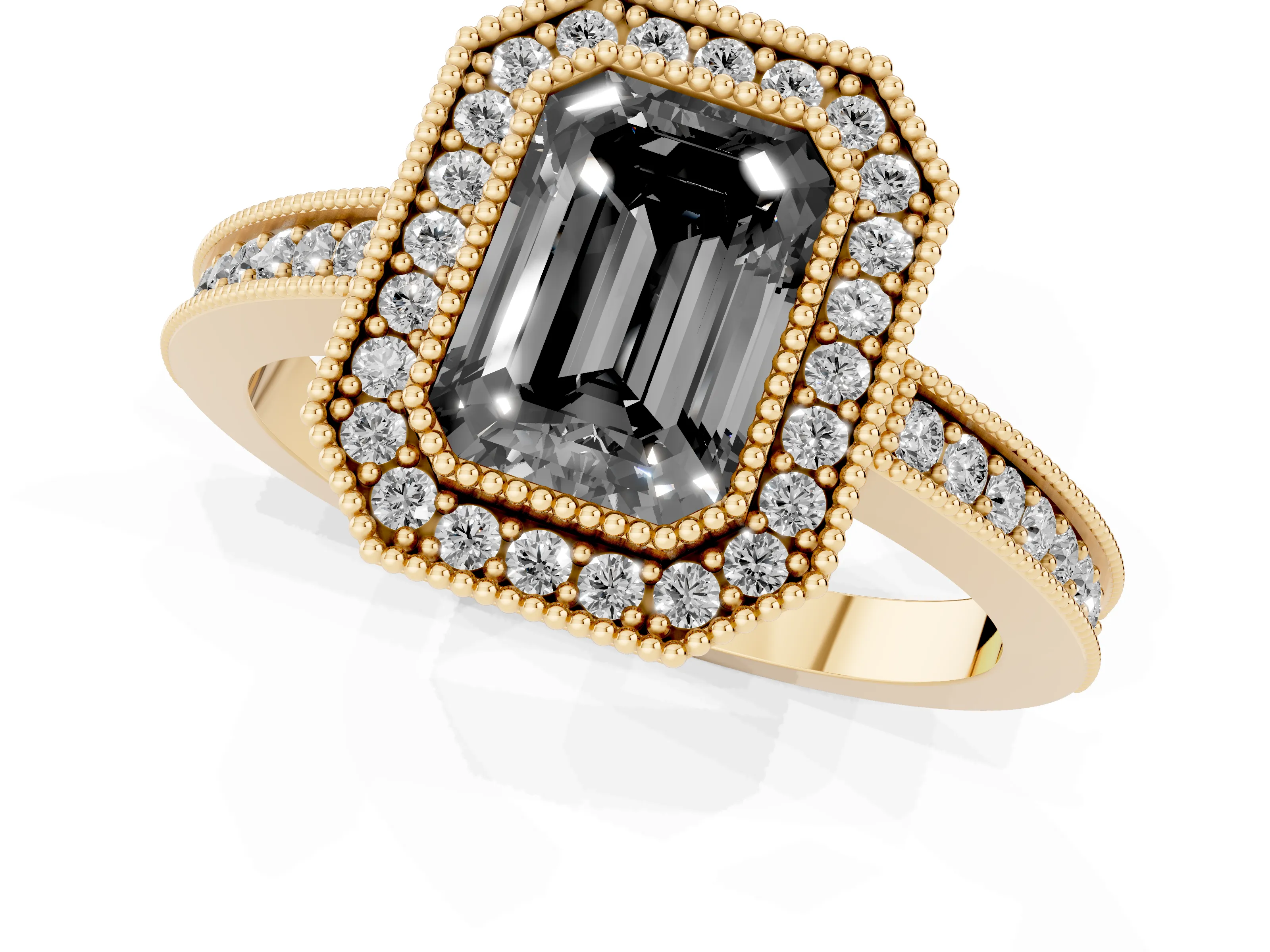 Fancy Black Emerald Cut Diamond Round Halo Ring Set in Yellow gold with Pavé Band
