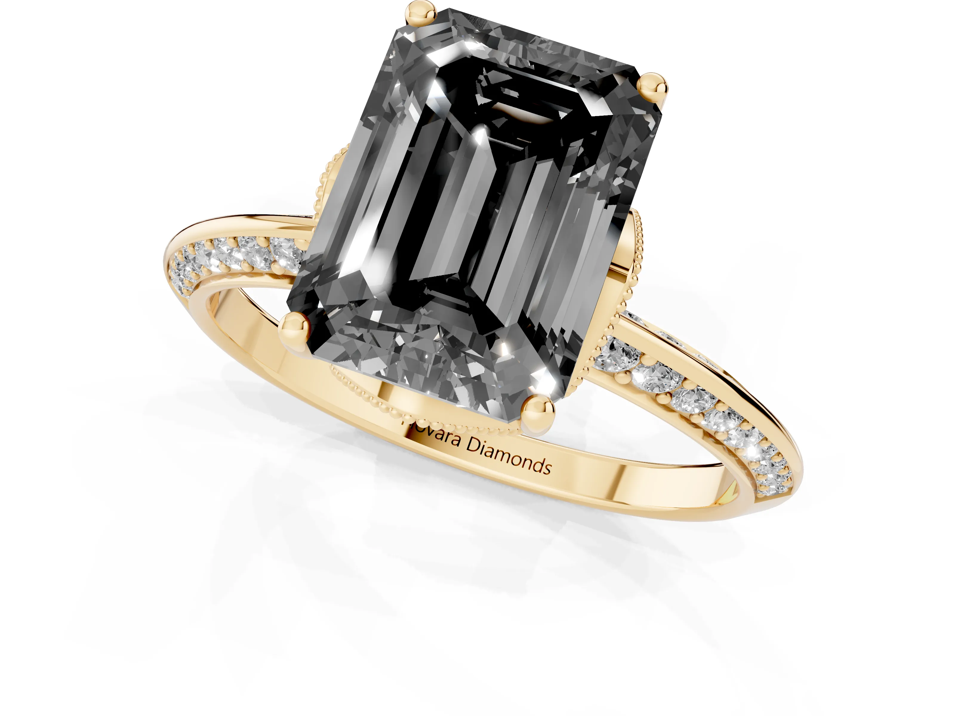 Fancy Black Emerald Cut Diamond Solitaire Engagement Ring Set in Yellow gold with Pavé Split Shank and Prong Setting