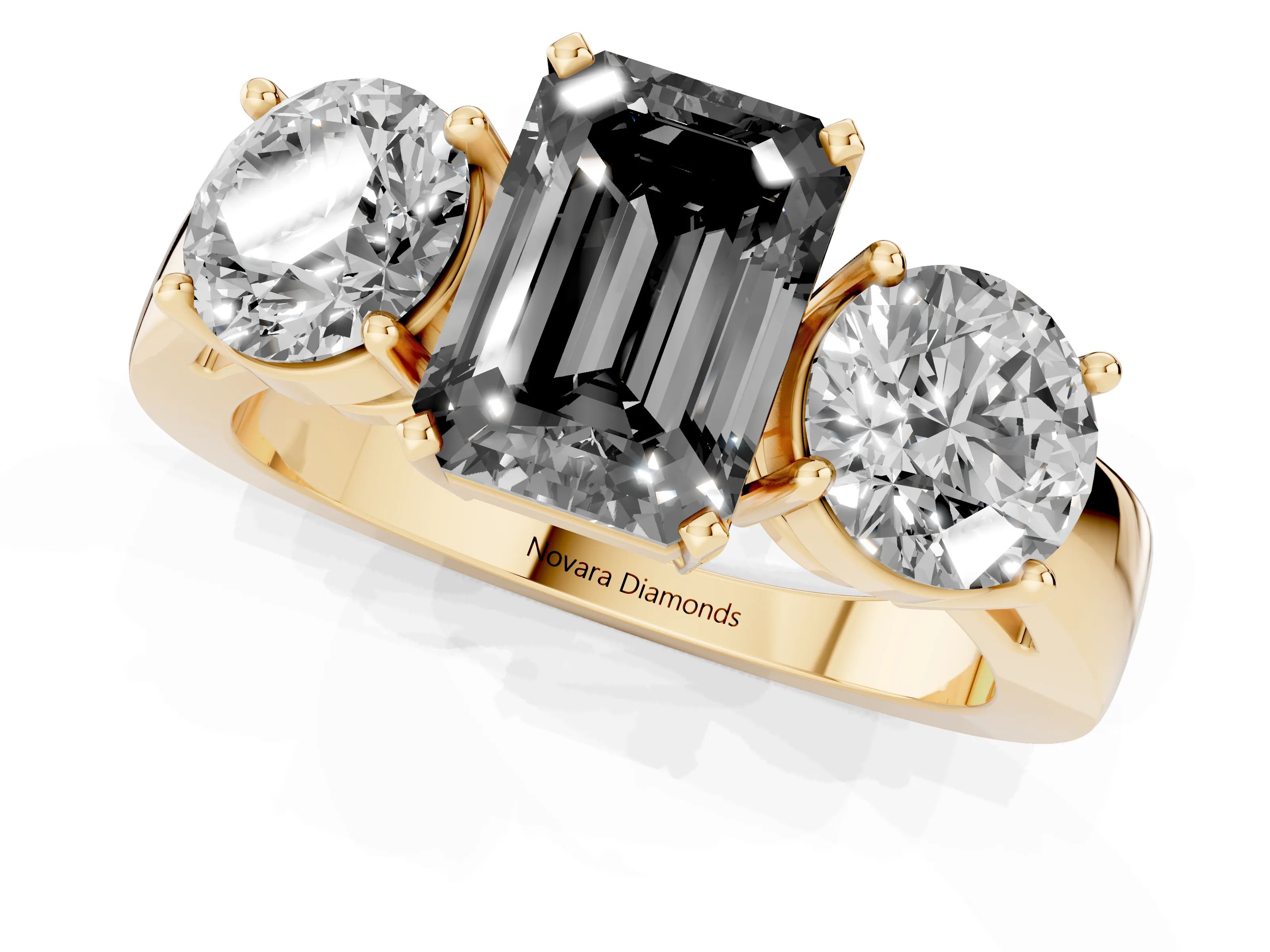 Fancy Black Emerald Cut Diamond Three-Stone Ring Set in Yellow gold with Round Side Stones and Classic Band