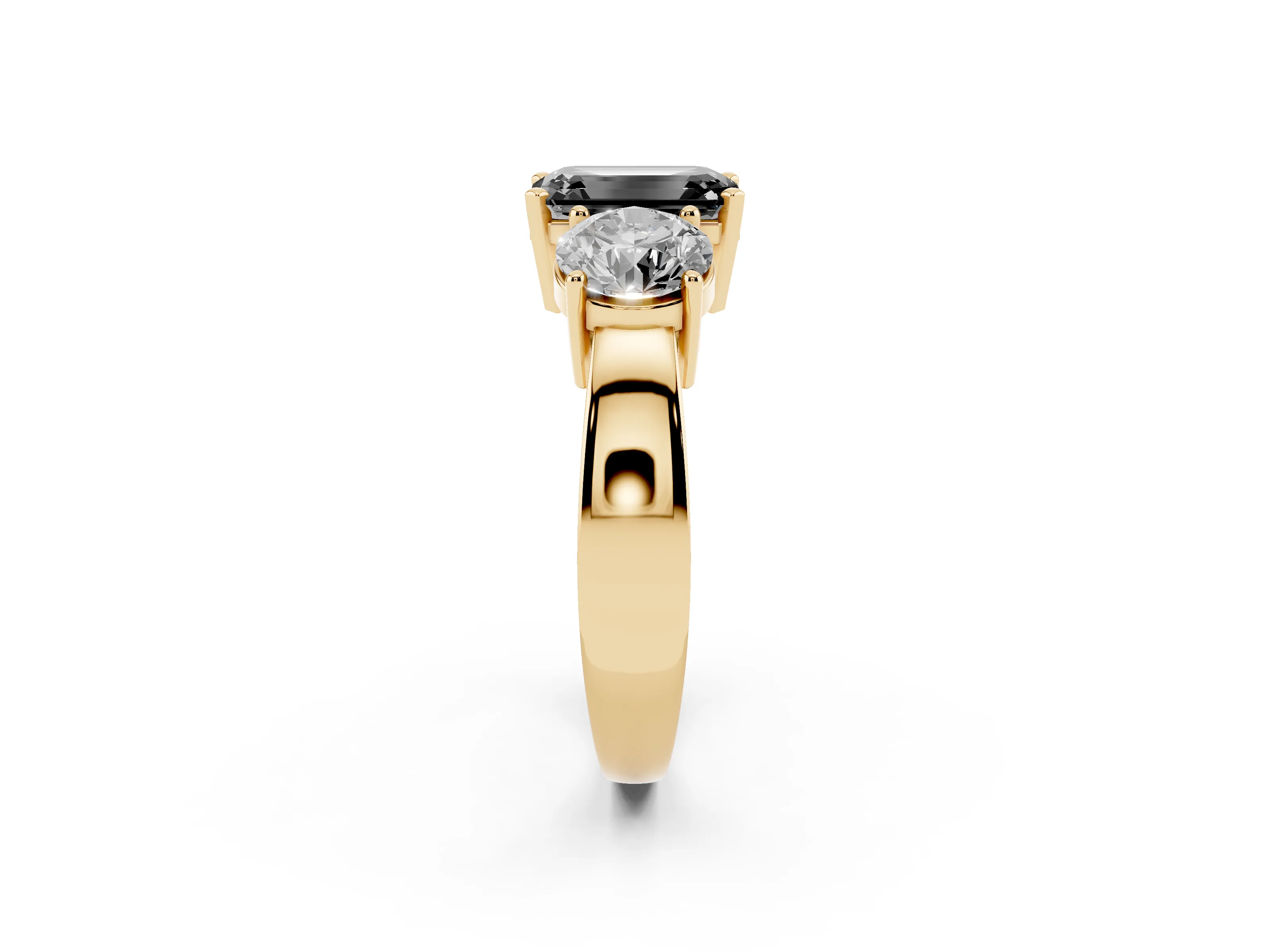 Fancy Black Emerald Cut Diamond Three-Stone Ring Set in Yellow gold with Round Side Stones and Classic Band