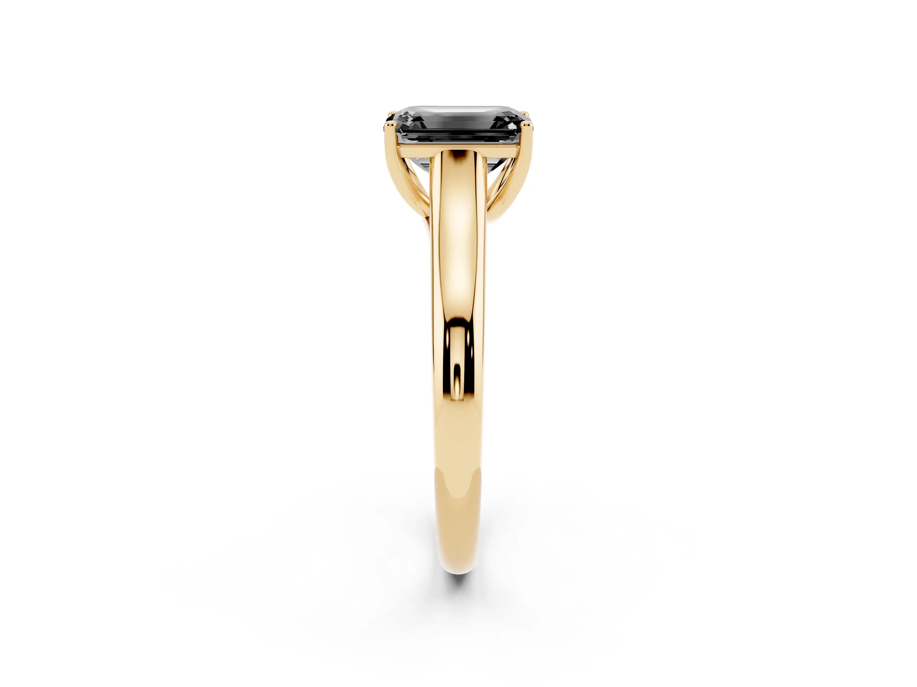Fancy Black Emerald Cut Diamond Solitaire Engagement Ring Set in Yellow gold with Subtly Tapered Band and Prong Setting