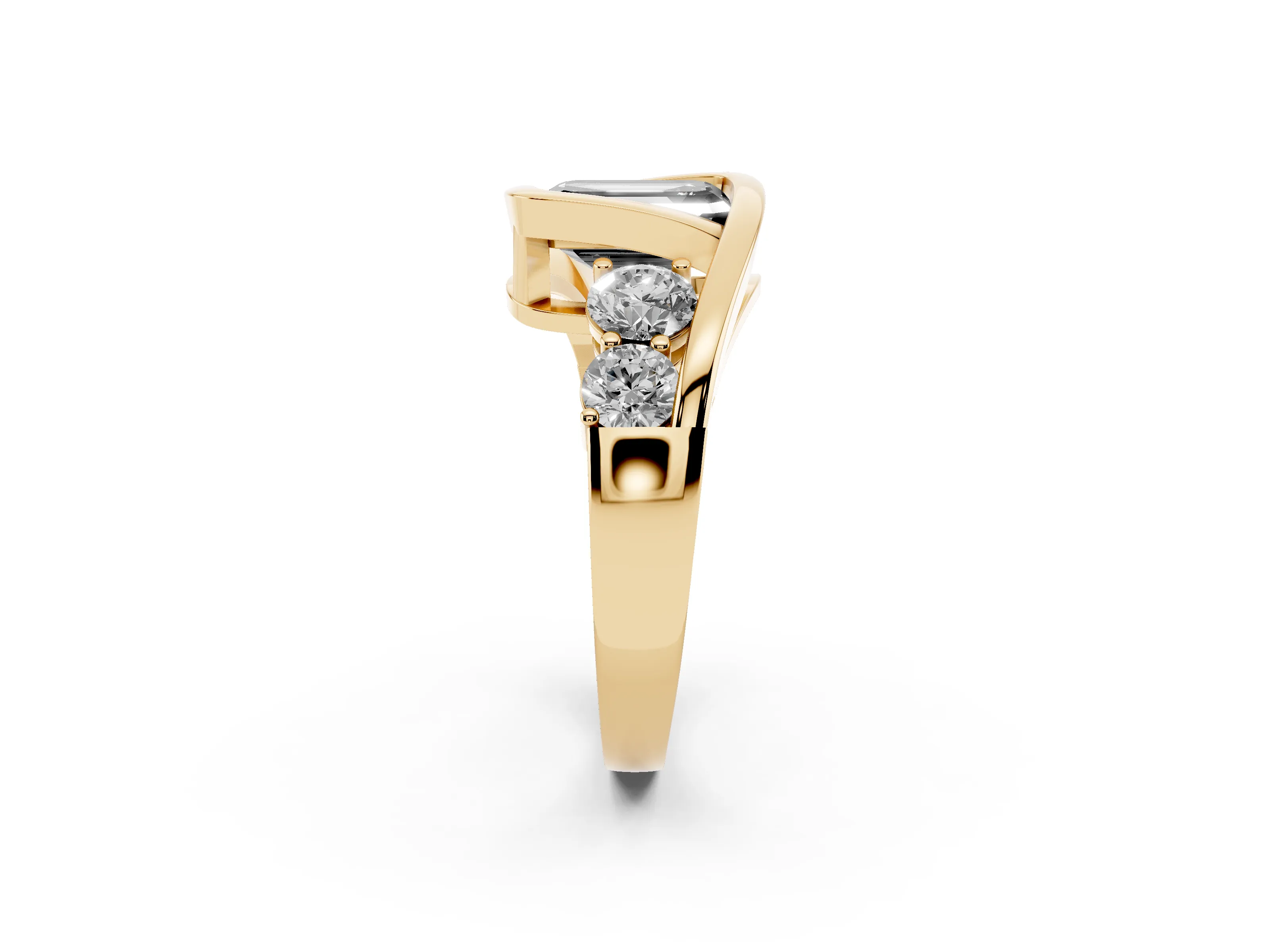 Fancy Black Emerald Cut Diamond Bezel Bypass Ring Set in Yellow gold with Round Accents