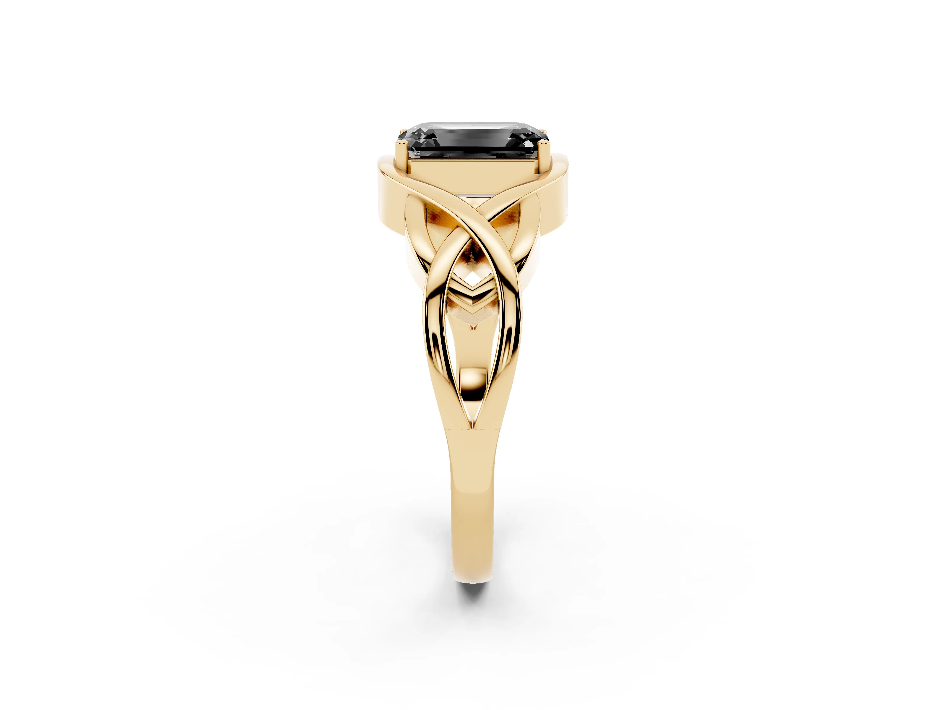 Fancy Black Emerald Cut Diamond Solitaire Ring Set in Yellow gold with Intertwined Band