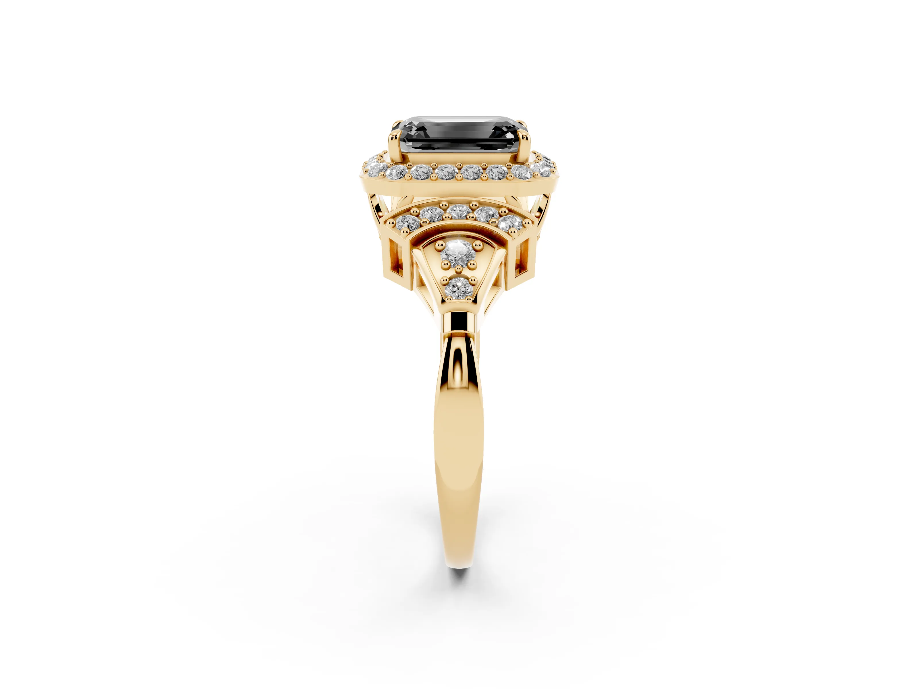 Fancy Black Emerald Cut Diamond Halo Engagement Ring Set in Yellow gold with Accent Stone Split Shank