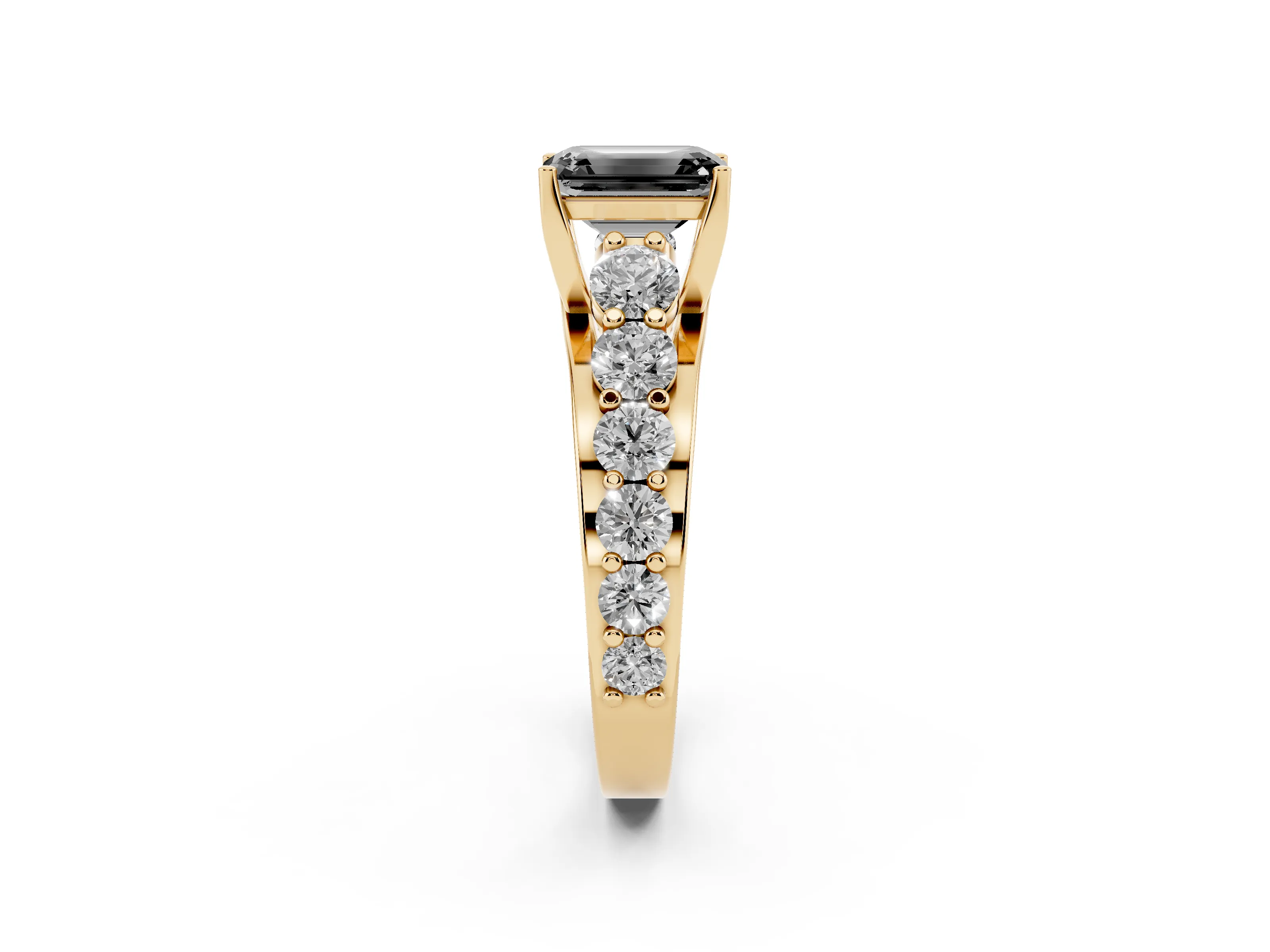 Fancy Black Emerald Cut Diamond Pavé Engagement Ring Set in Yellow gold with Prong Setting