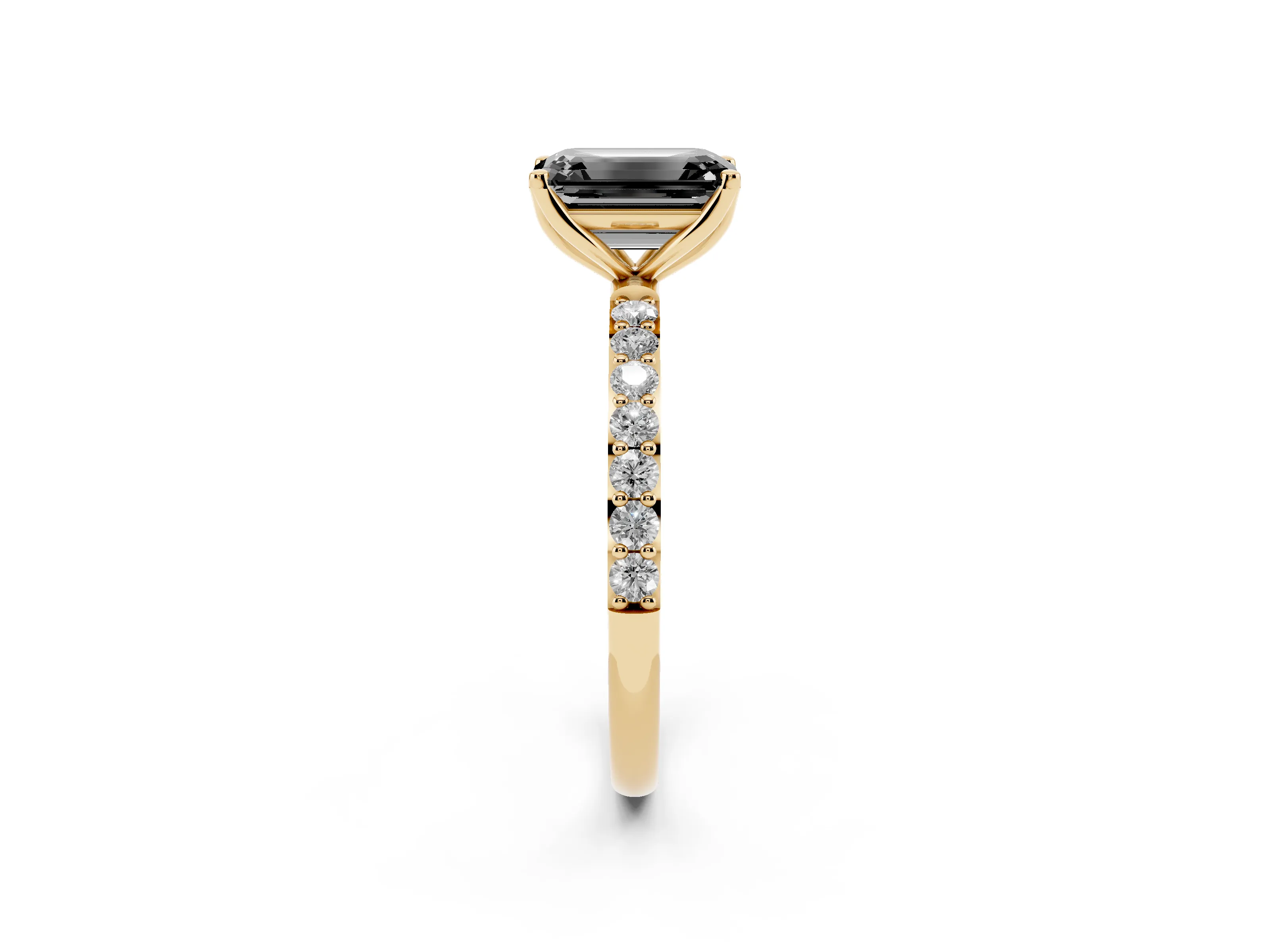 Fancy Black Emerald Cut Diamond Solitaire Engagement Ring Set in Yellow gold with Round Pavé Band and Prong Setting
