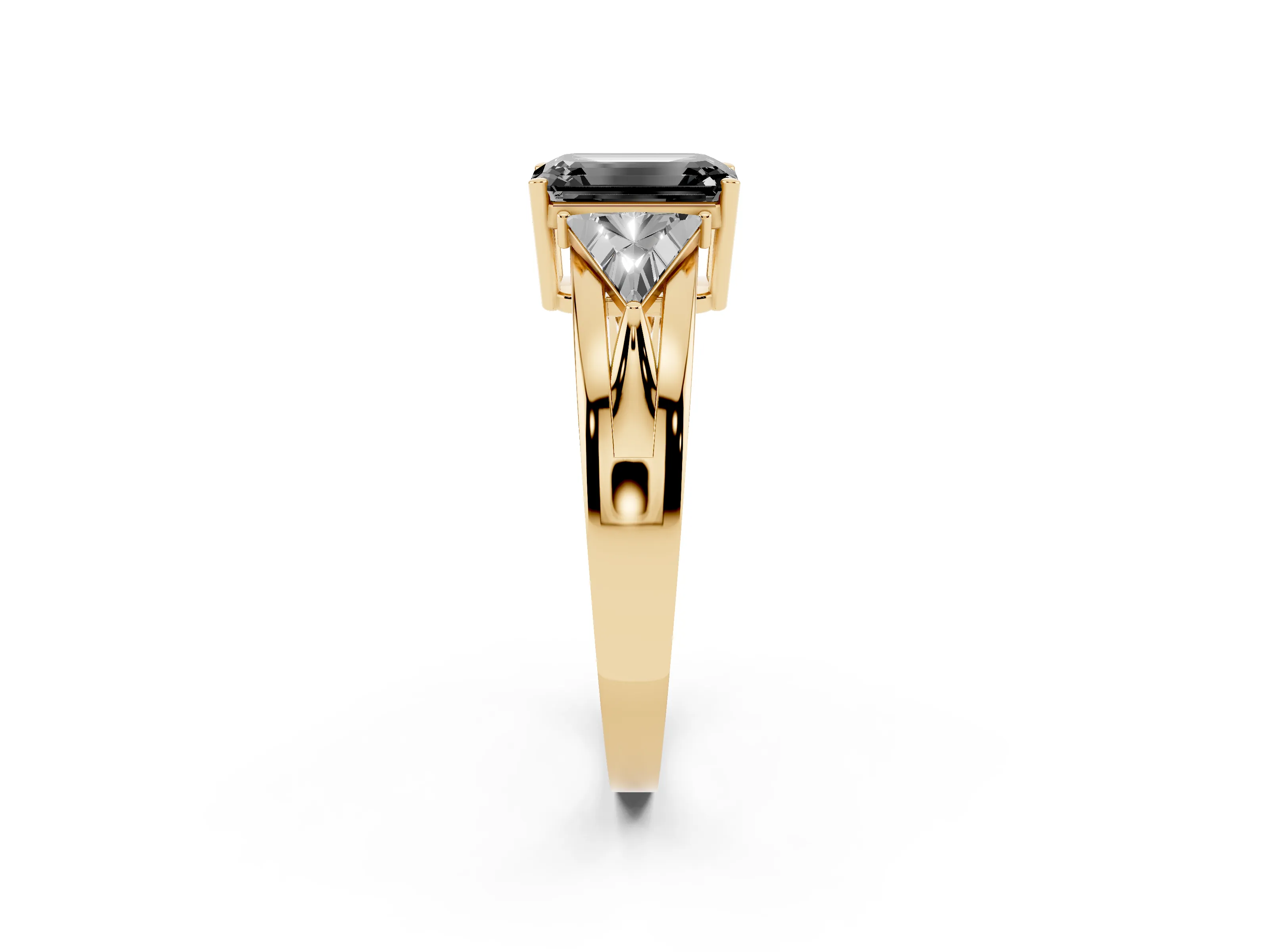 Fancy Black Emerald Cut Diamond Three-Stone Ring Set in Yellow gold with Trillion Side Stones and Split Shank
