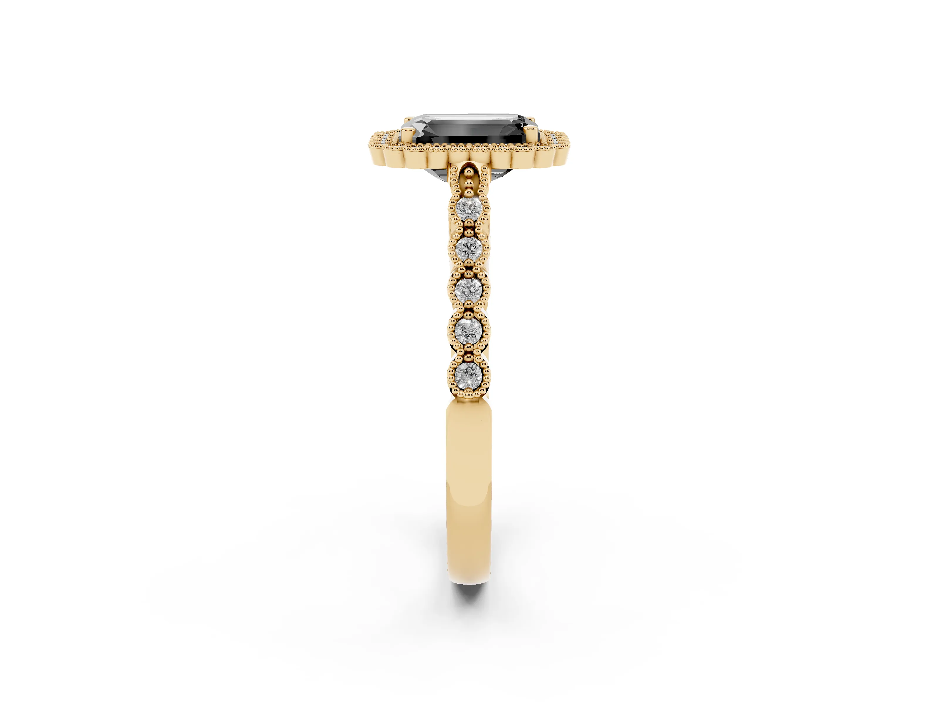 Fancy Black Emerald Cut Diamond Halo Ring Set in Yellow gold with Pavé Milgrain Band