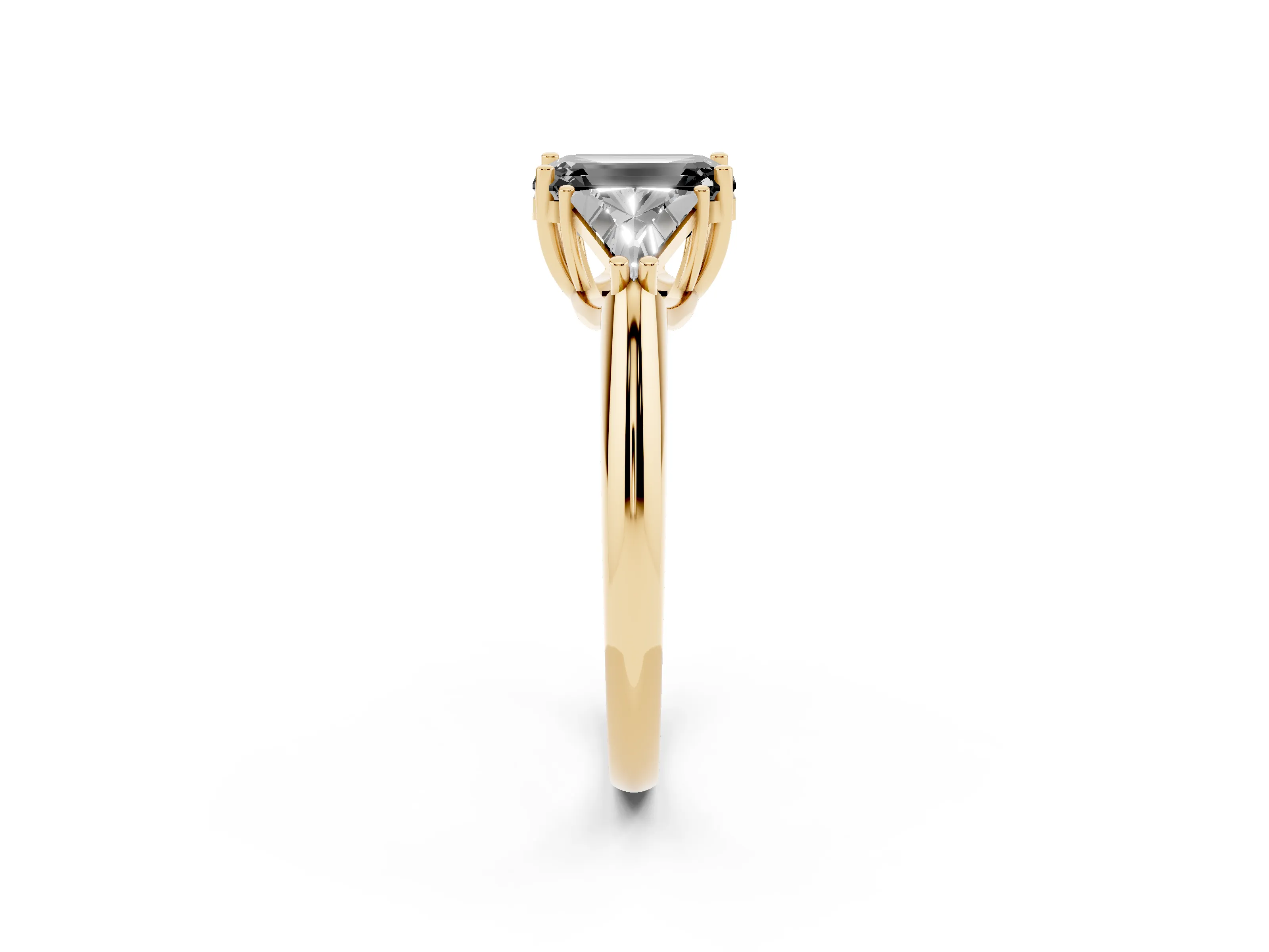 Fancy Black Emerald Cut Diamond Three-Stone Engagement Ring Set in Yellow gold with Trillion Side Stones