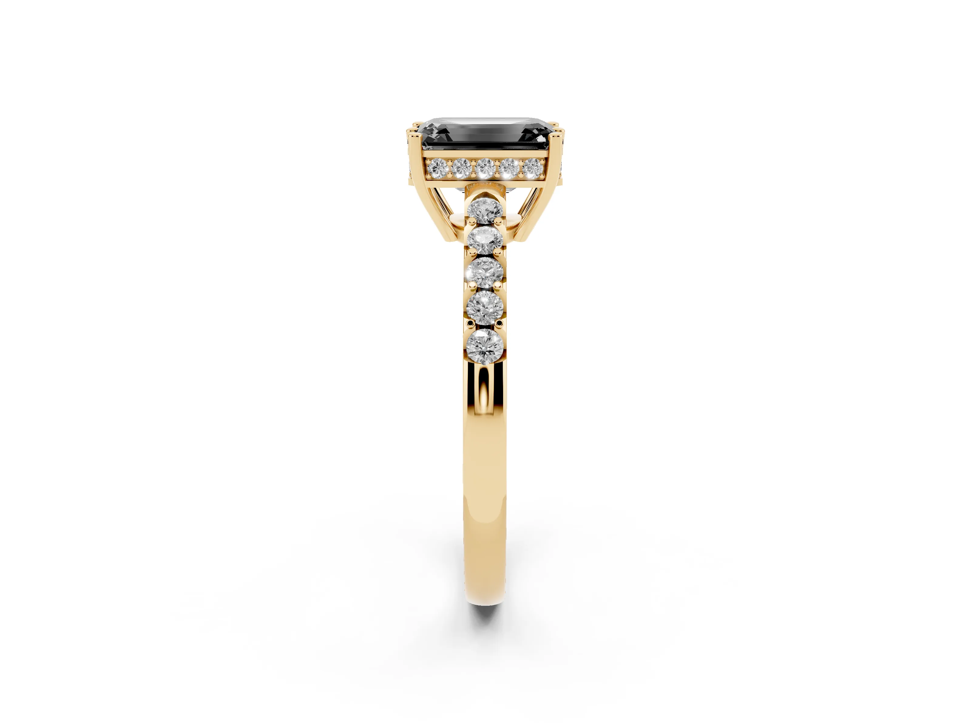 Fancy Black Emerald Cut Diamond Solitaire Engagement Ring Set in Yellow gold with Pavé Band and Prong Setting