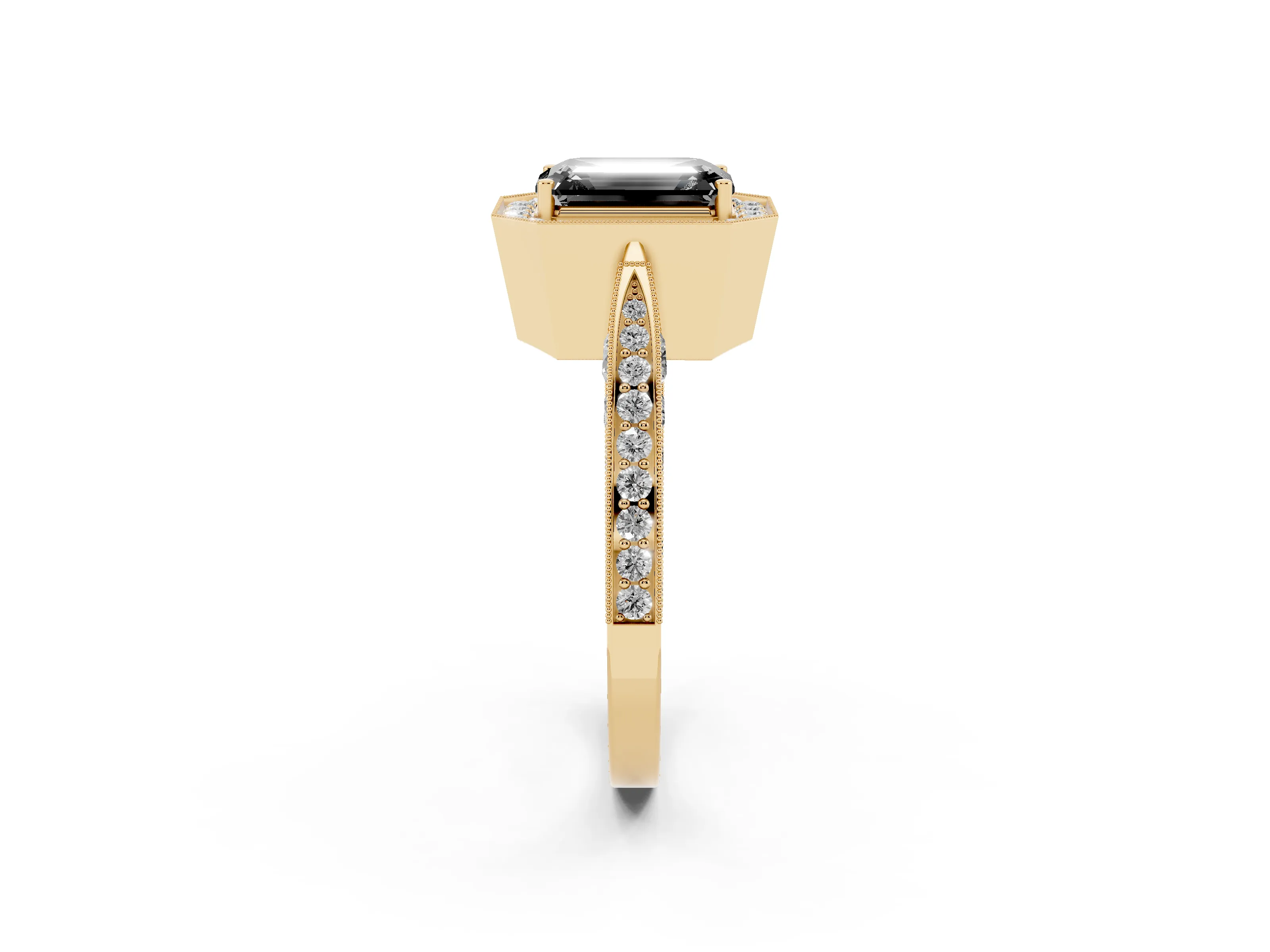 Fancy Black Emerald Cut Diamond Halo Engagement Ring Set in Yellow gold with Accent Split Shank Band