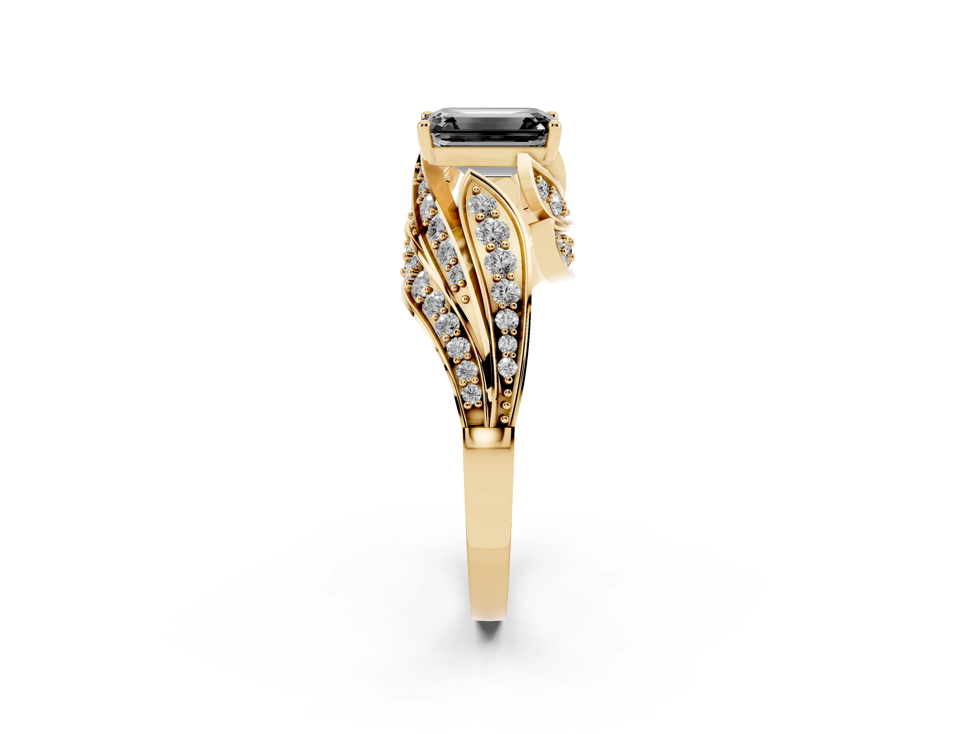 Fancy Black Emerald Cut Diamond Solitaire Ring Set in Yellow gold with Layered Twist Pavé Band