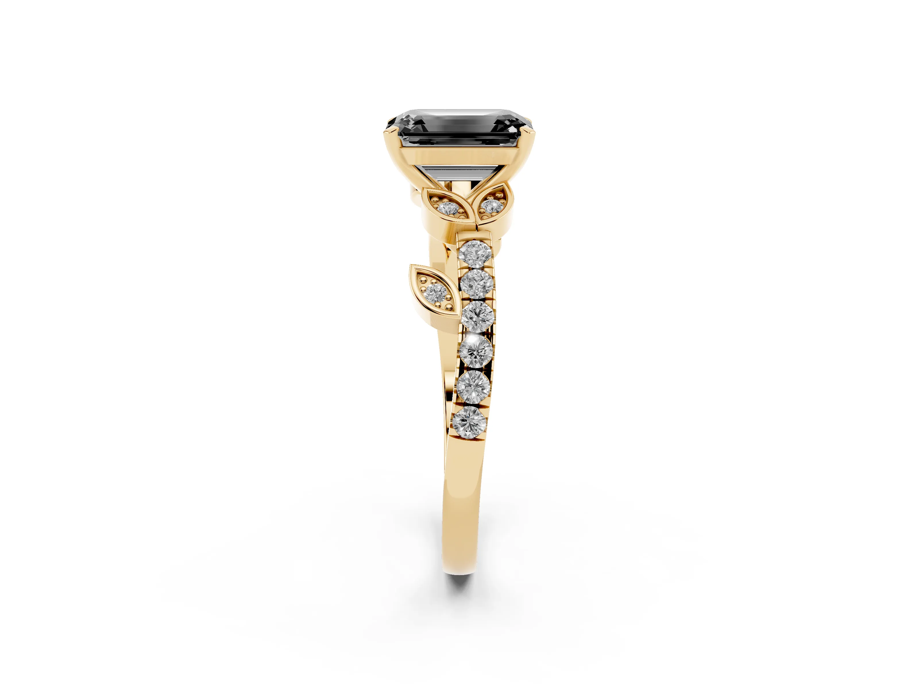 Fancy Black Emerald Cut Diamond Solitaire Leaf-Inspired Ring Set in Yellow gold with Pavé Band and Prong Setting