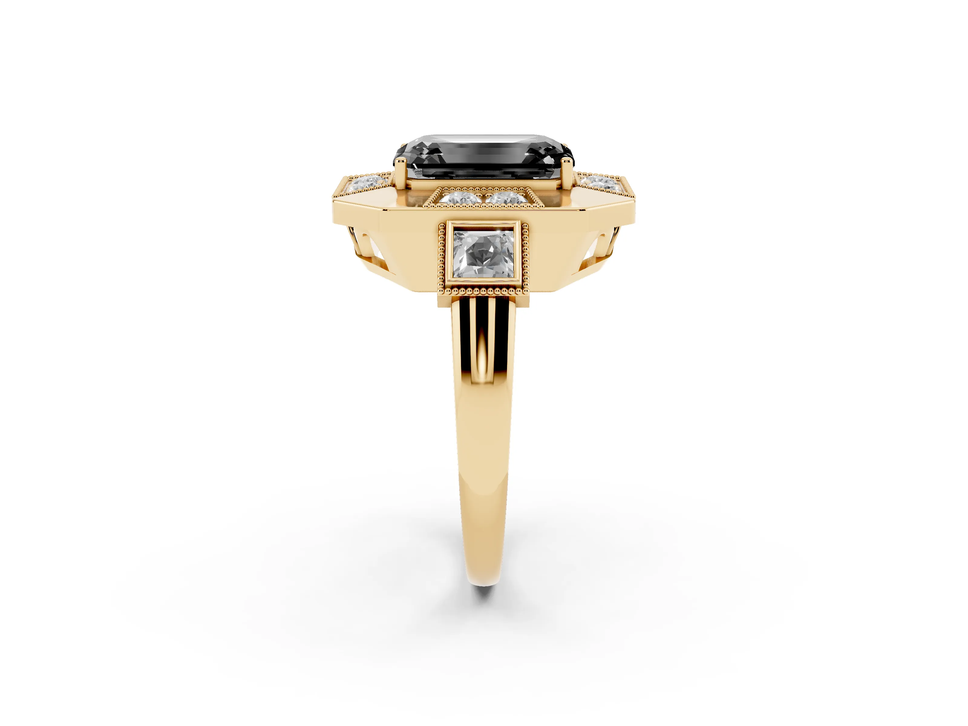 Fancy Black Emerald Cut Diamond Milgrain Halo Ring Set in Yellow gold with Split Shank