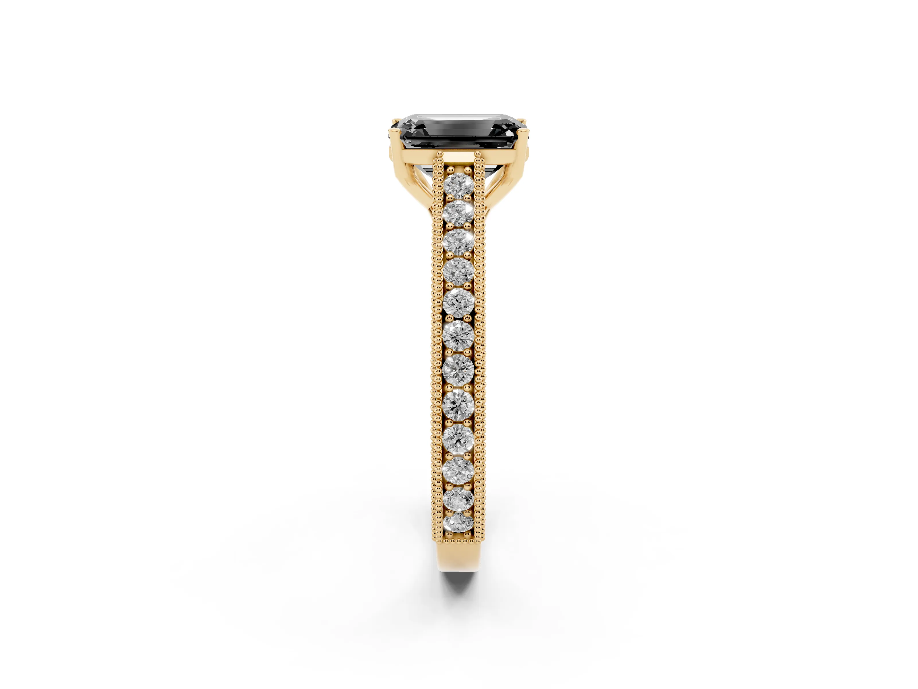 Fancy Black Emerald Cut Diamond Milgrain Pavé Band Solitaire Ring Set in Yellow gold with Prong Setting
