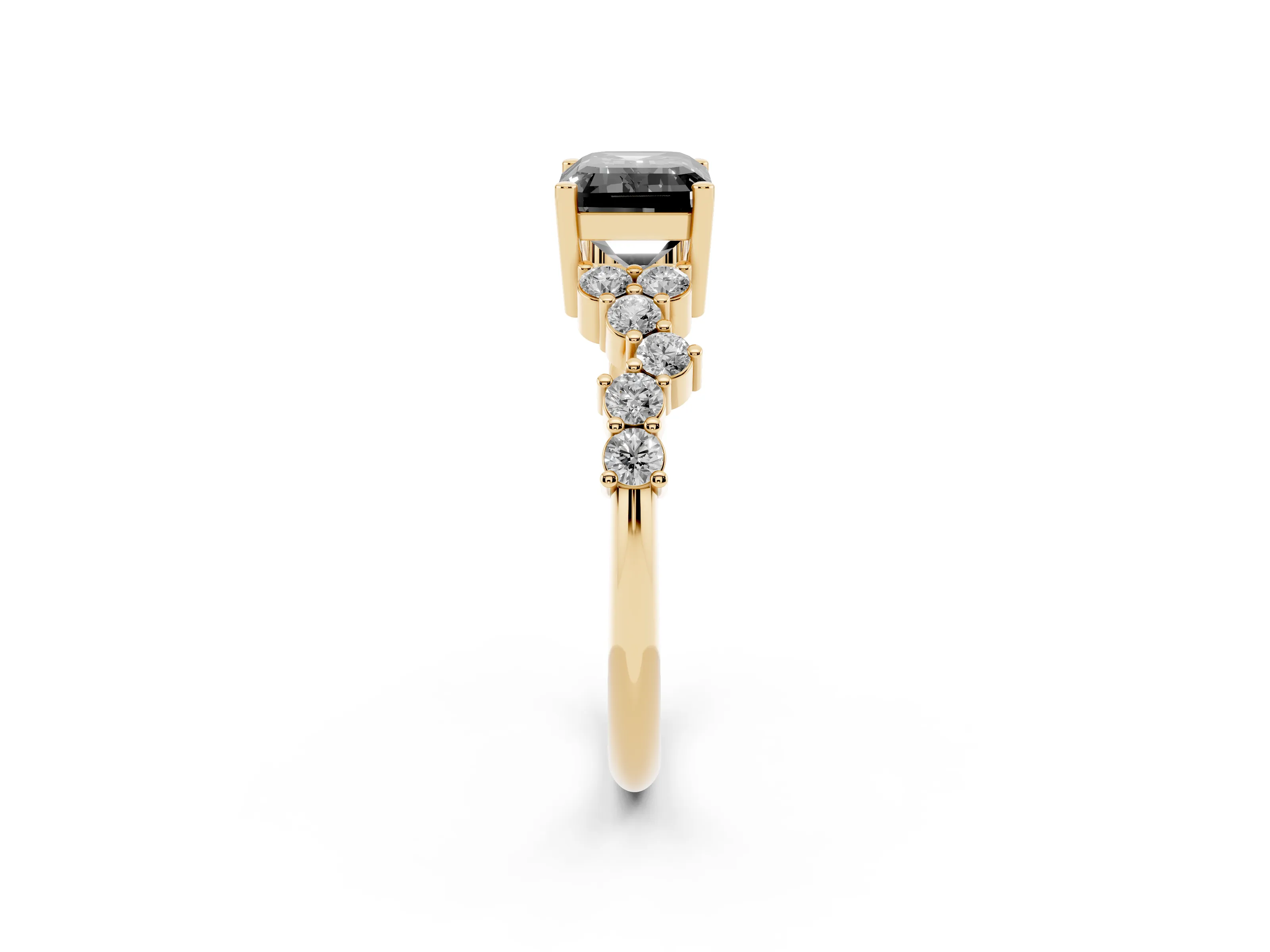 Fancy Black Emerald Cut Diamond Ring Set in Yellow gold with Scattered Round Accents
