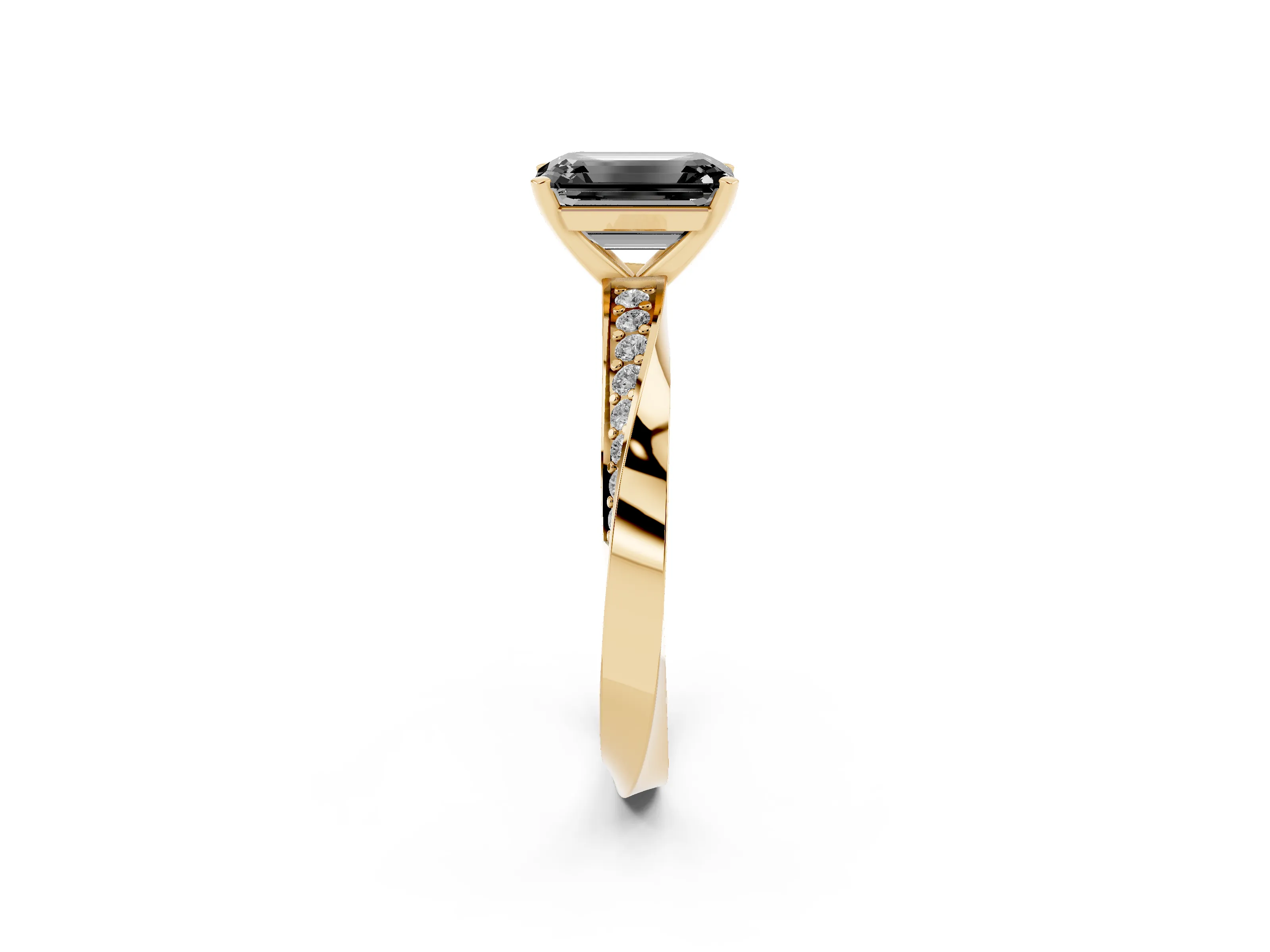 Fancy Black Emerald Cut Diamond Engagement Ring Set in Yellow gold with Side Stone Accents and Prong Setting