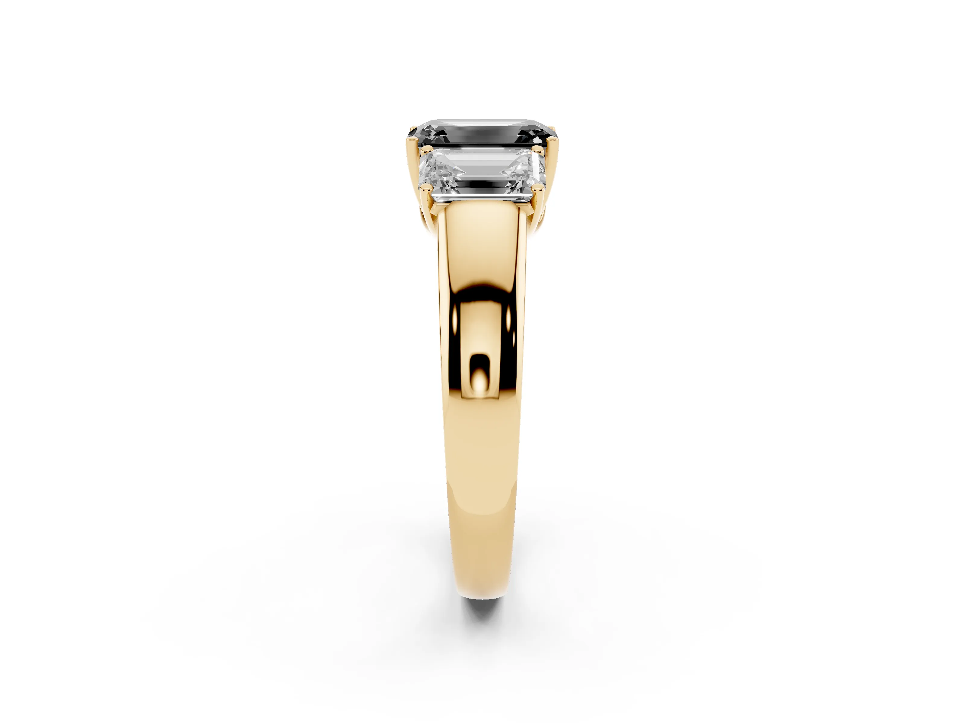Fancy Black Three-Stone Emerald Cut Diamond Ring Set in Yellow gold with Matching Prong Settings and Plain Band