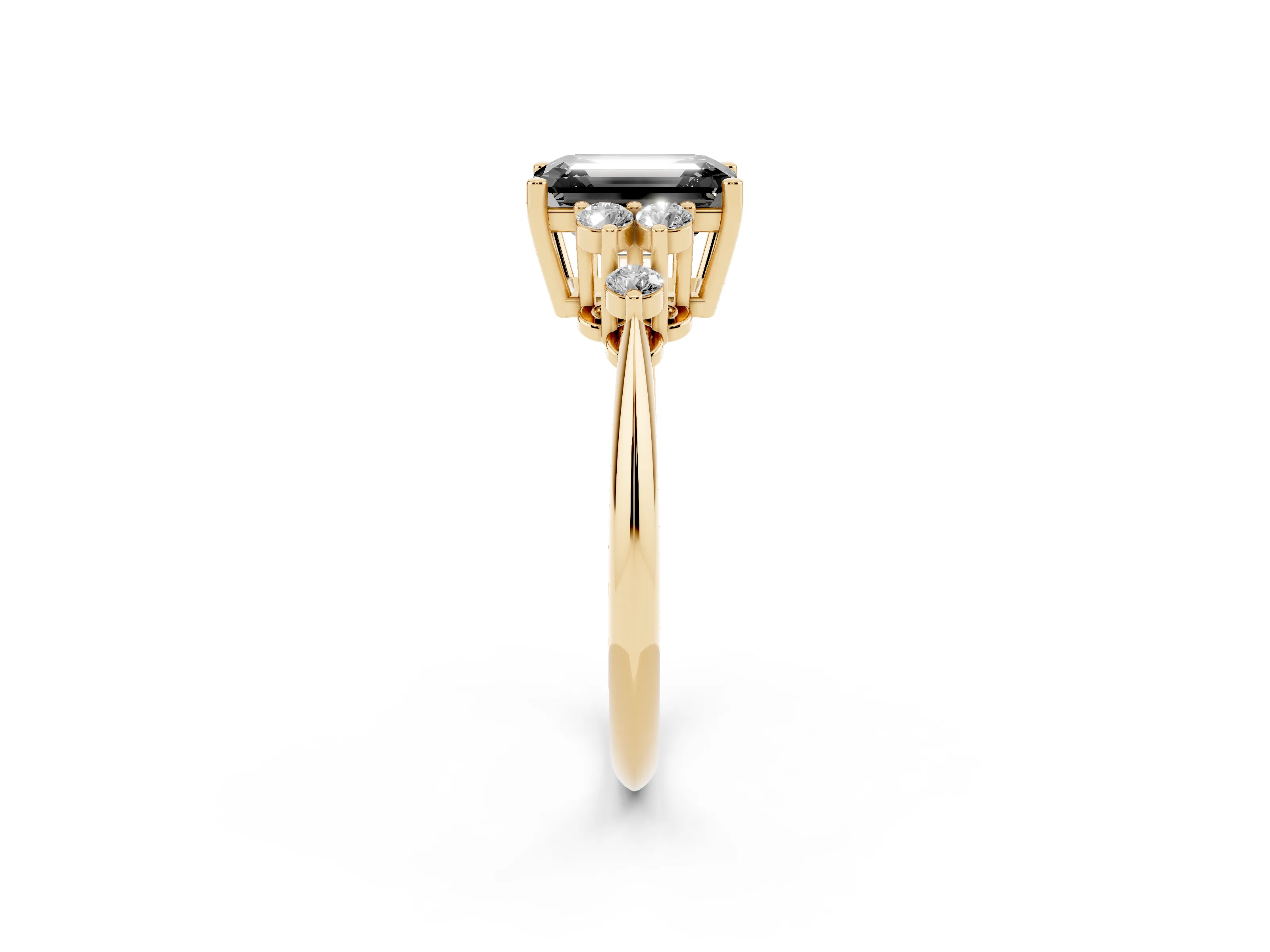Fancy Black Emerald Cut Diamond Cluster Ring Set in Yellow gold with Plain Band and Prong Setting
