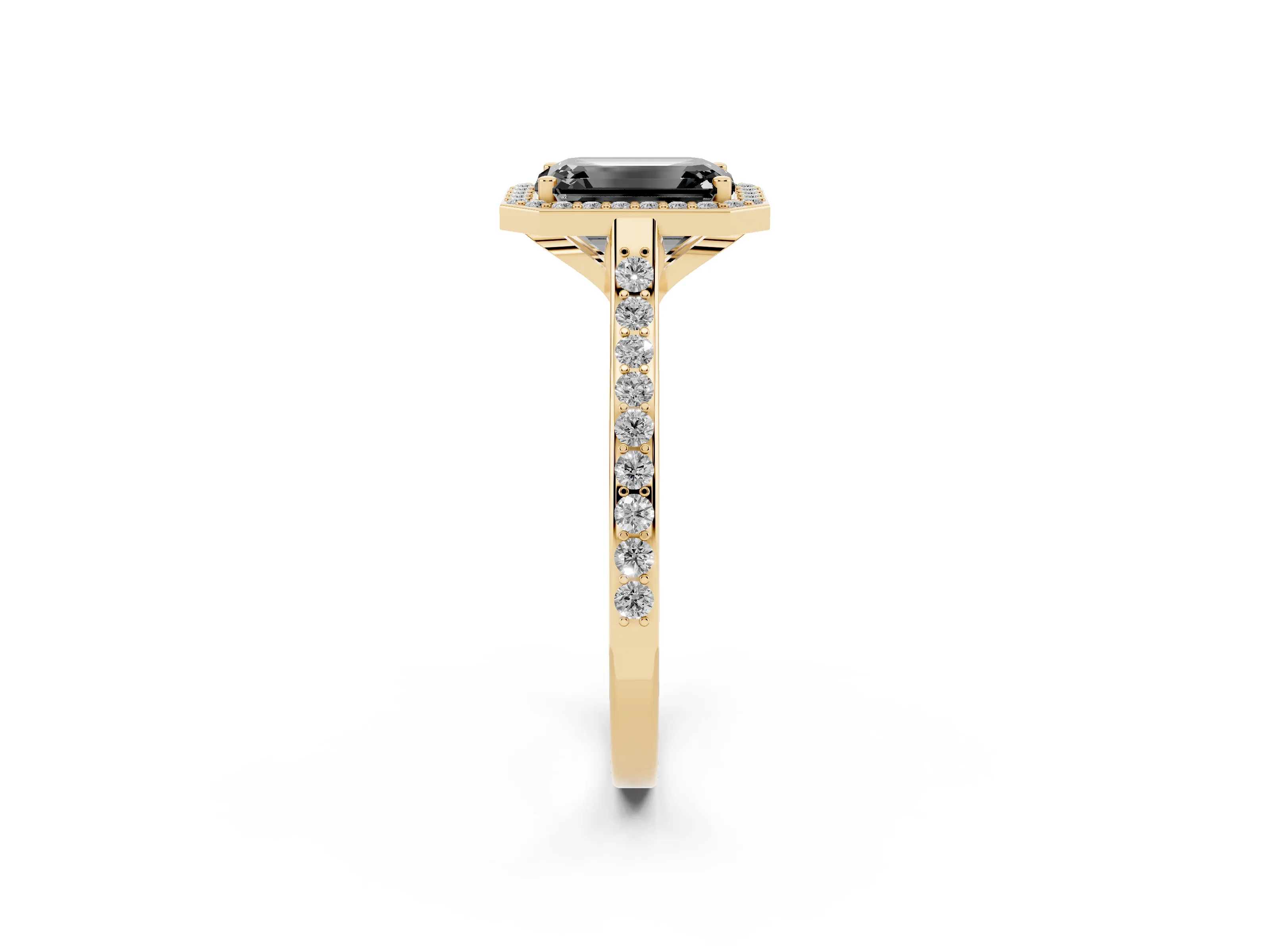 Fancy Black Emerald Cut Diamond Halo Engagement Ring Set in Yellow gold with Round Pavé Shoulders and Heart Gallery