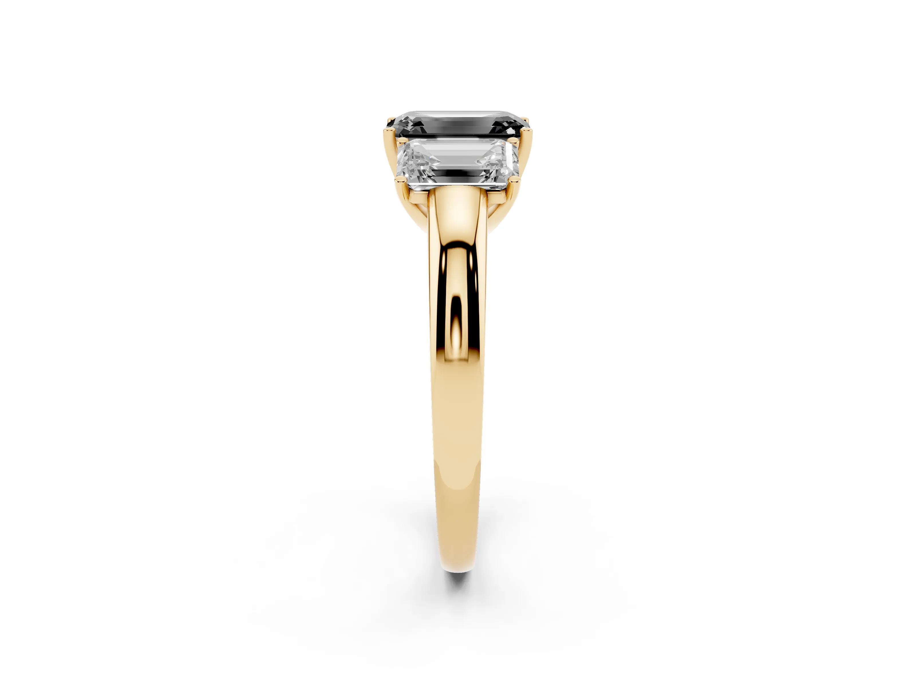 Fancy Black Emerald Cut Diamond Three-Stone Ring Set in Yellow gold with Bold Center and Classic Band