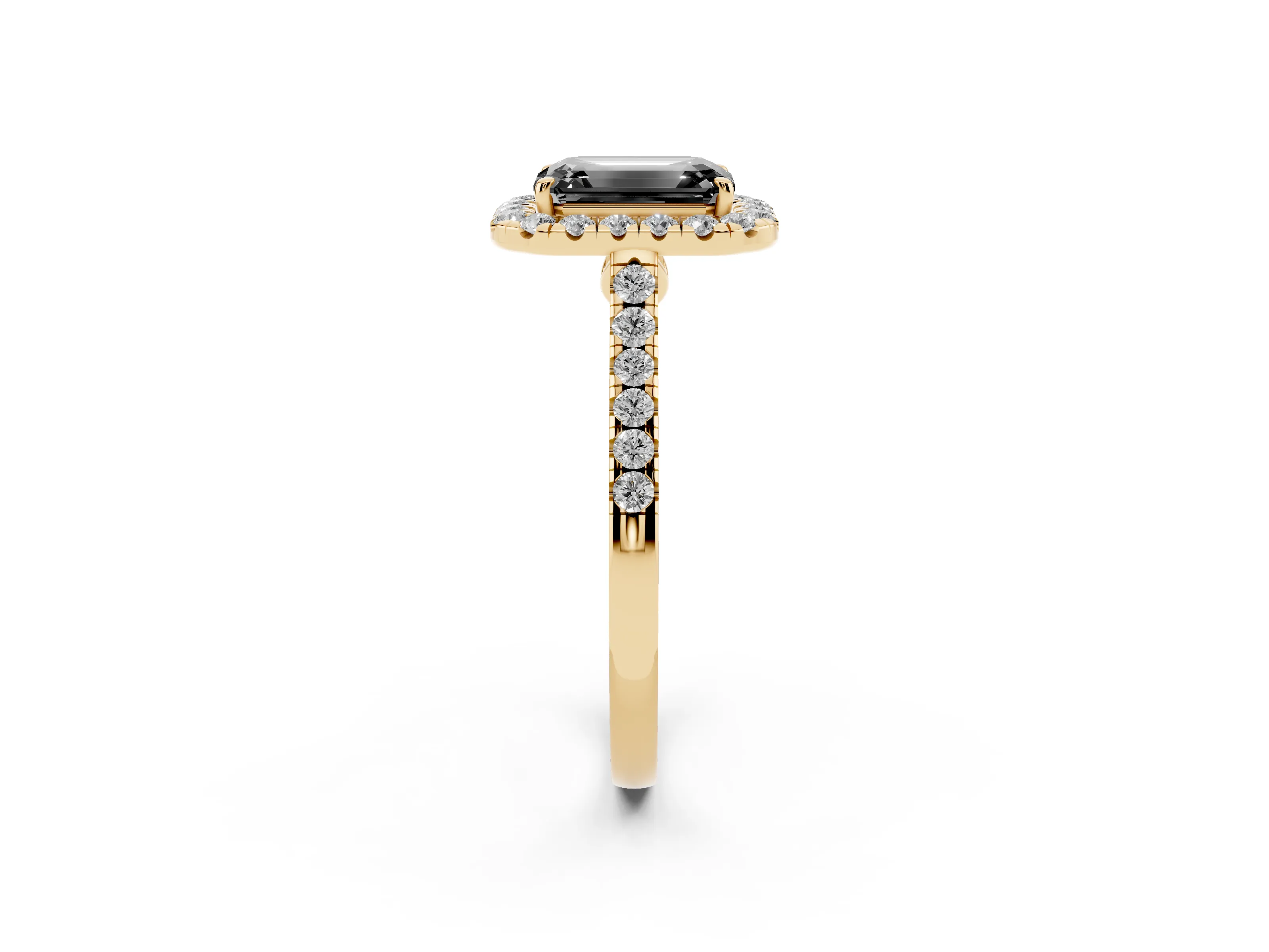 Fancy Black Emerald Cut Diamond Halo Pavé Engagement Ring Set in Yellow gold with Prong Setting