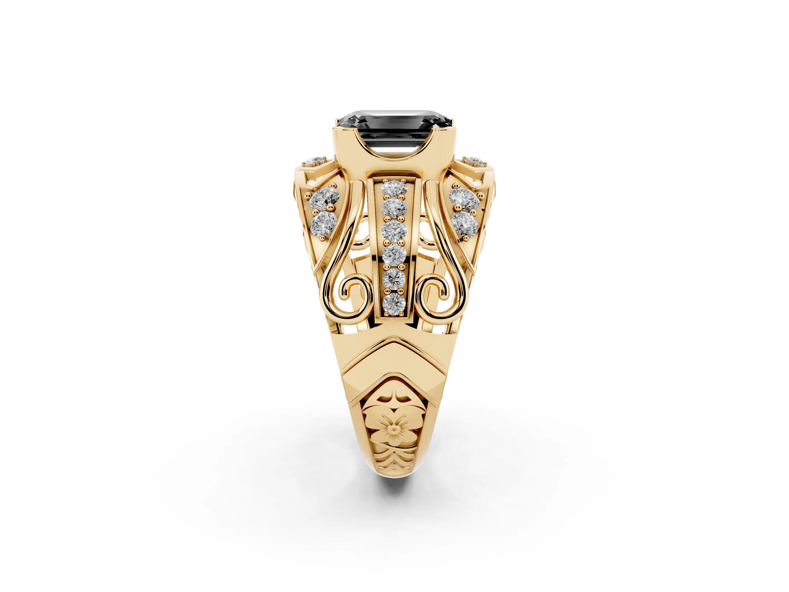 Fancy Black Emerald Cut Diamond Art Deco Ring Set in Yellow gold with Pavé Split Shank