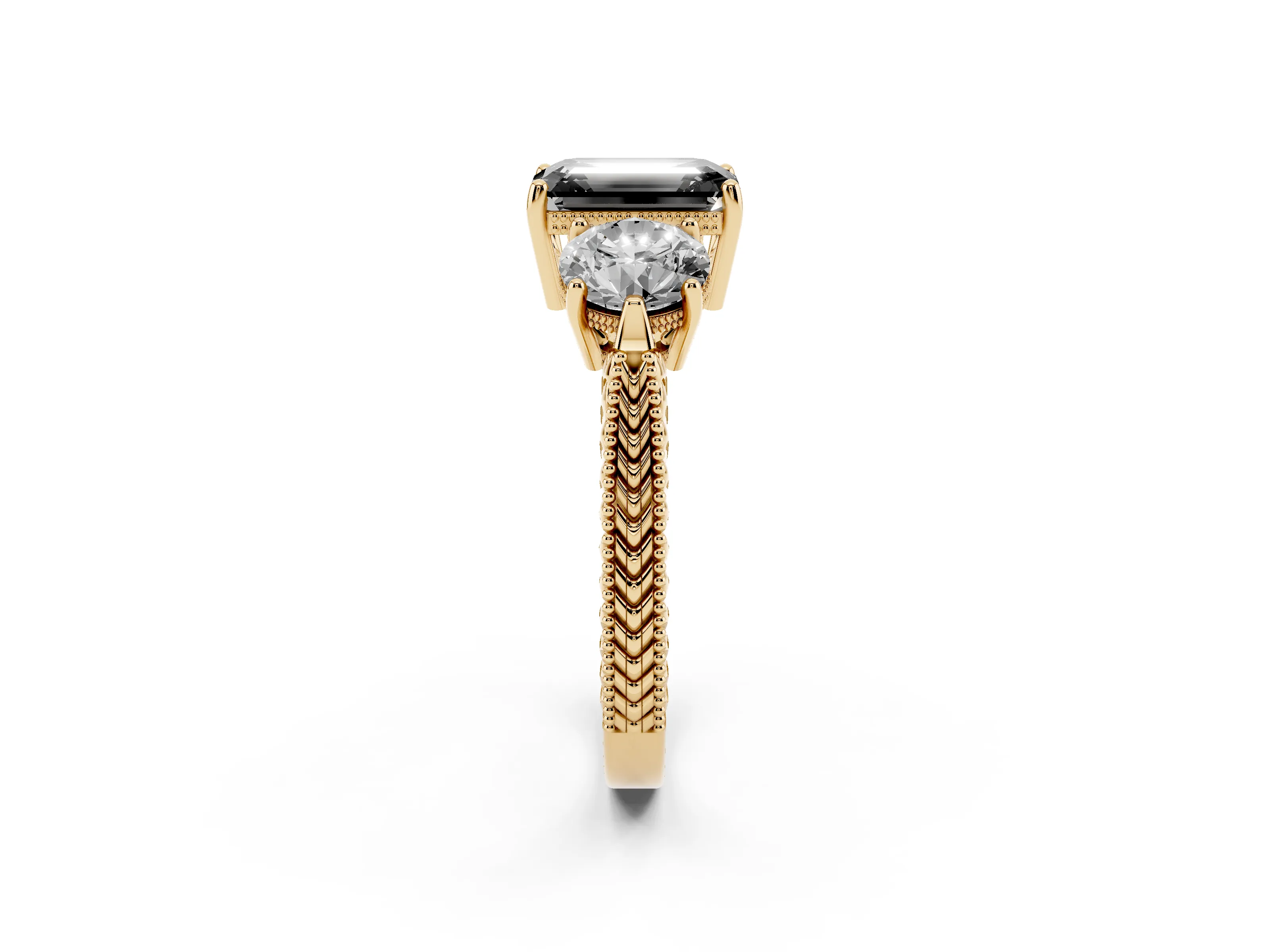 Fancy Black Emerald Cut Diamond Three-Stone Ring Set in Yellow gold with Milgrain Band