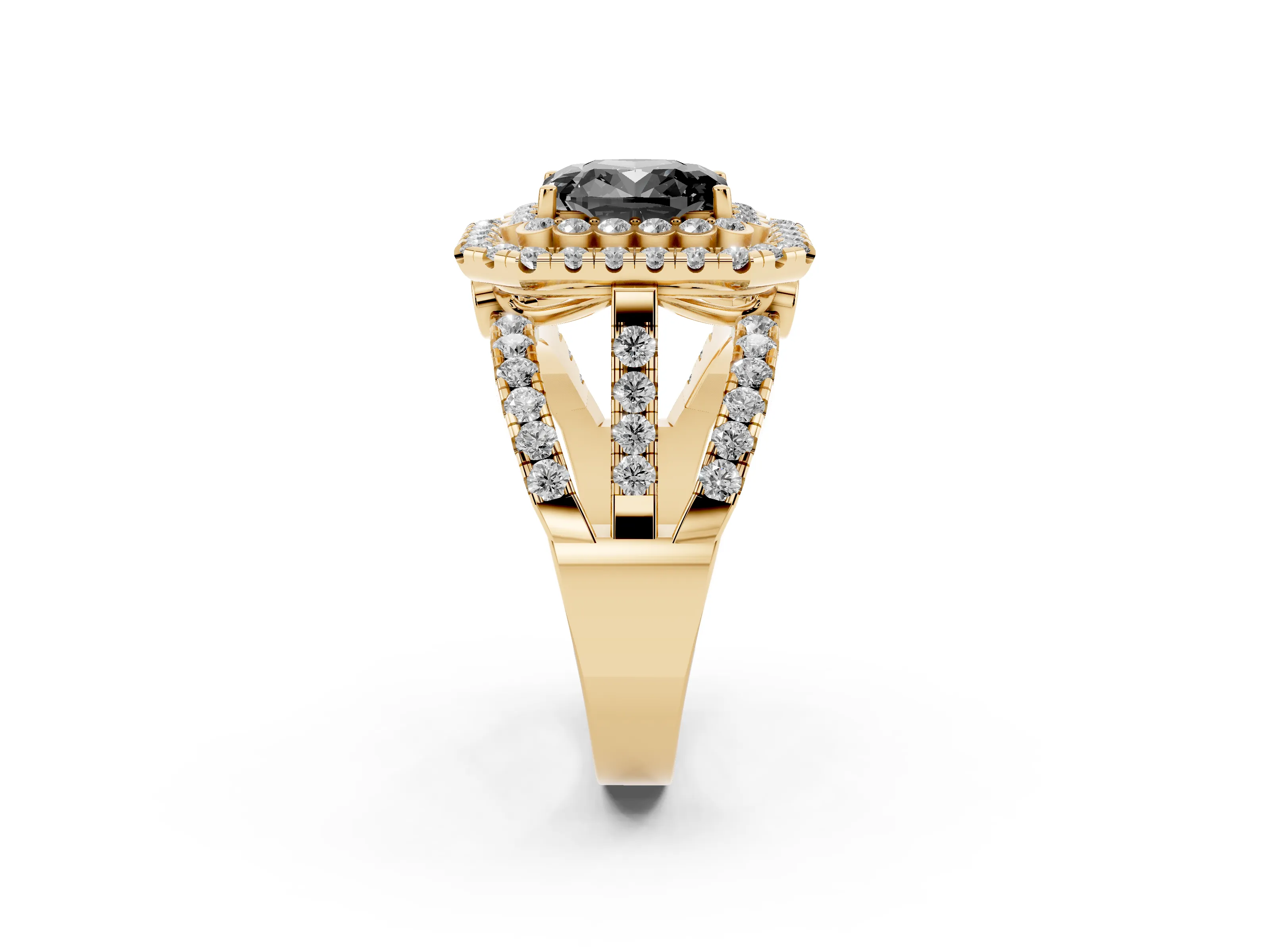 Fancy Black Emerald Cut Diamond Double Halo Ring Set in Yellow gold with Round Pavé Split Shank