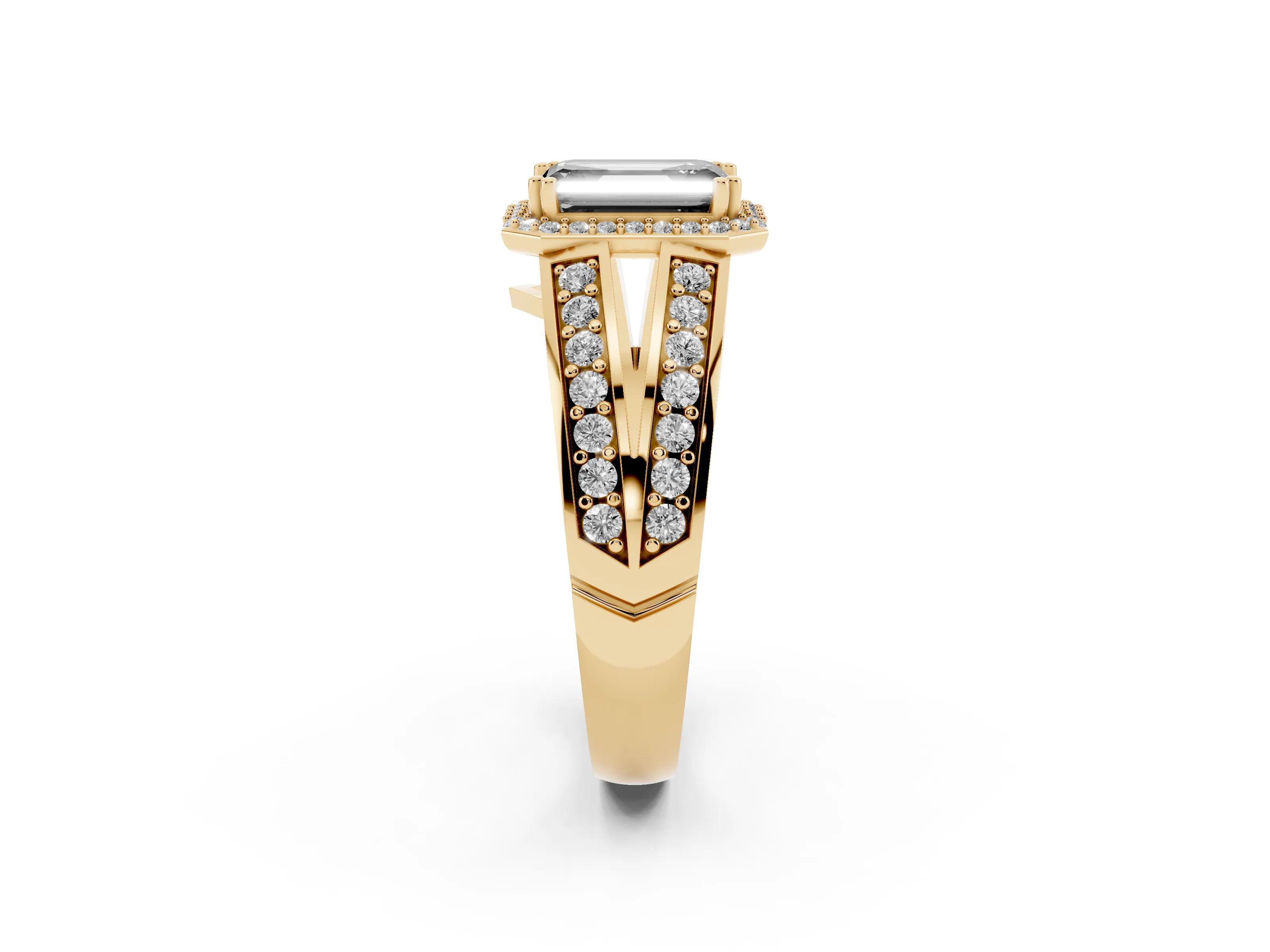 Fancy Black Emerald Cut Diamond Halo Ring Set in Yellow gold with Double Pavé Split Shank