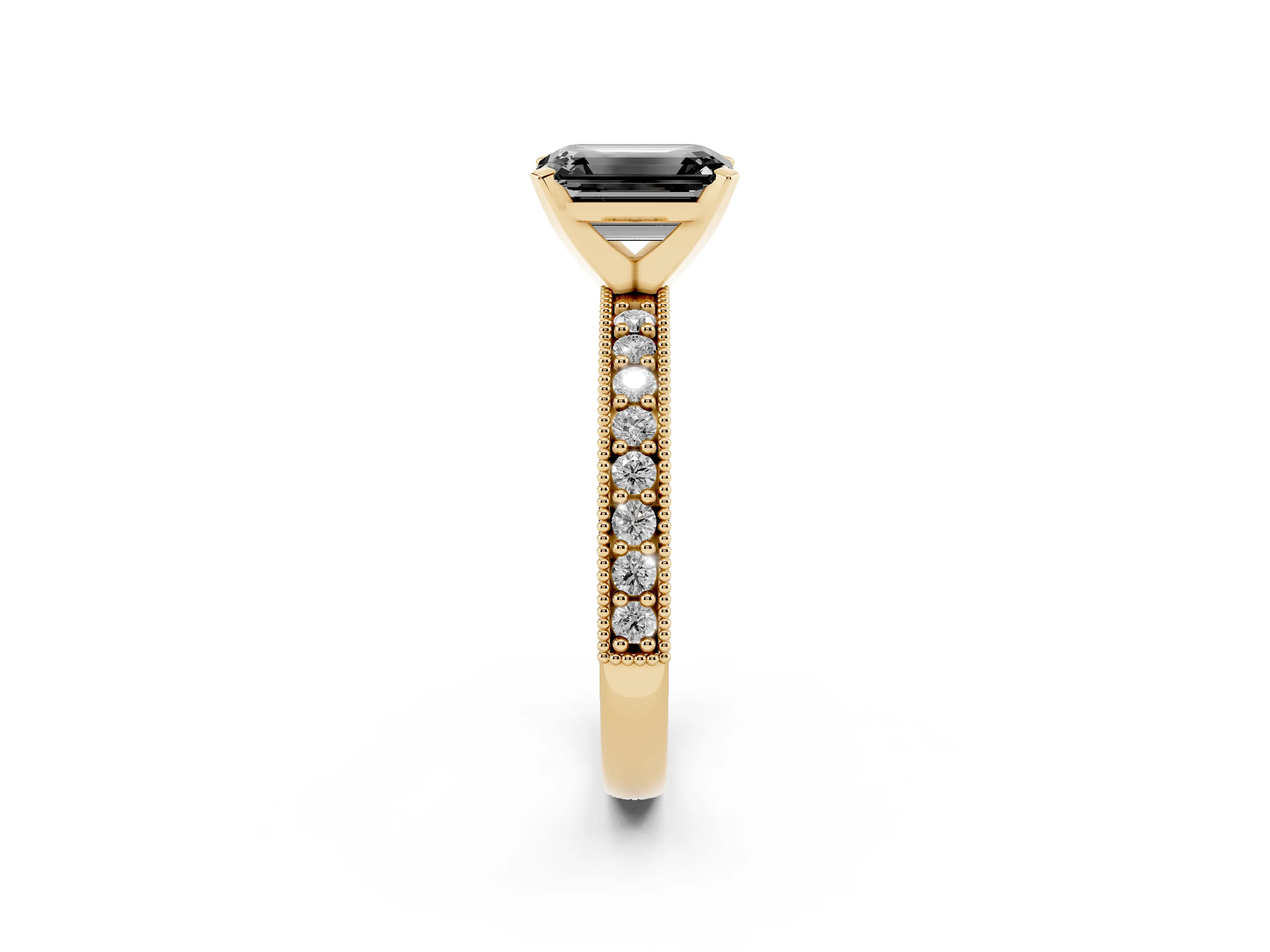 Fancy Black Emerald Cut Diamond Milgrain Pavé Engagement Ring Set in Yellow gold with Prong Setting