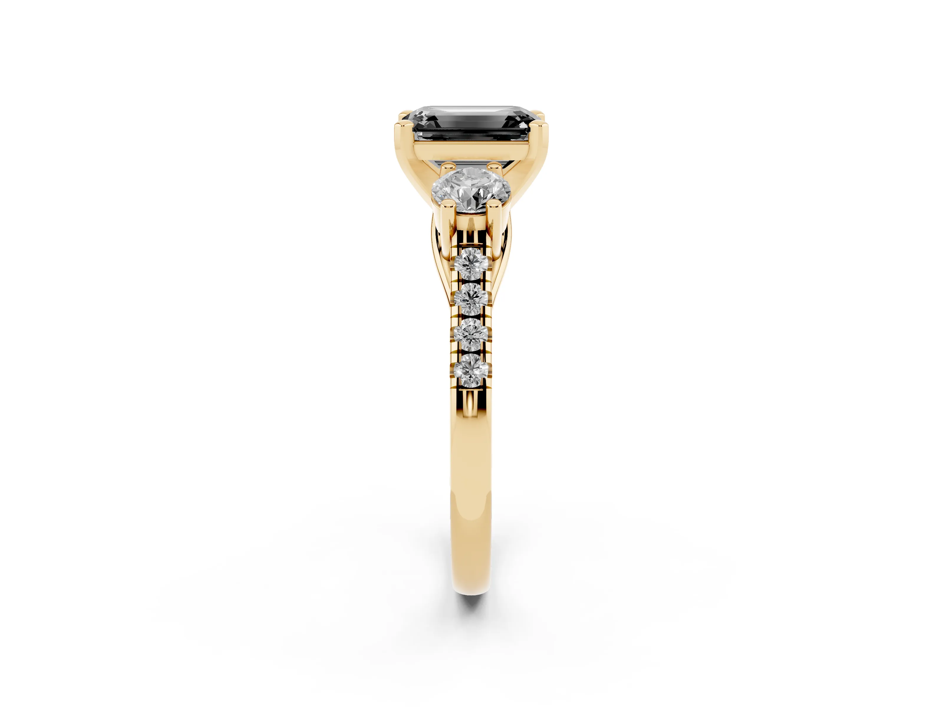 Fancy Black Three-Stone Emerald Cut Diamond Pavé Band Ring Set in Yellow gold with Prong-Set Trio