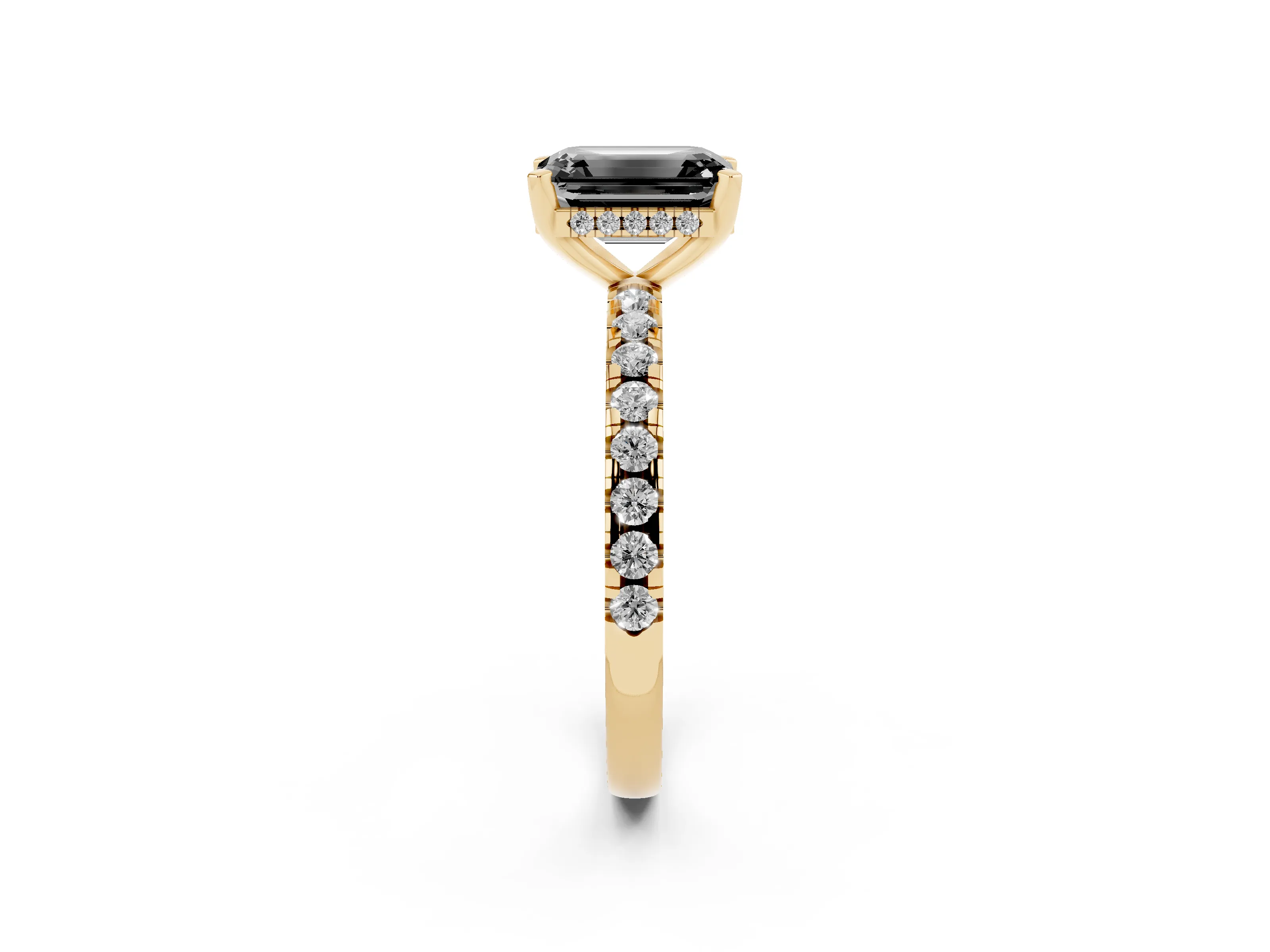Fancy Black Emerald Cut Diamond Pavé Solitaire Ring Set in Yellow gold with Round Band Accents and Prong Setting