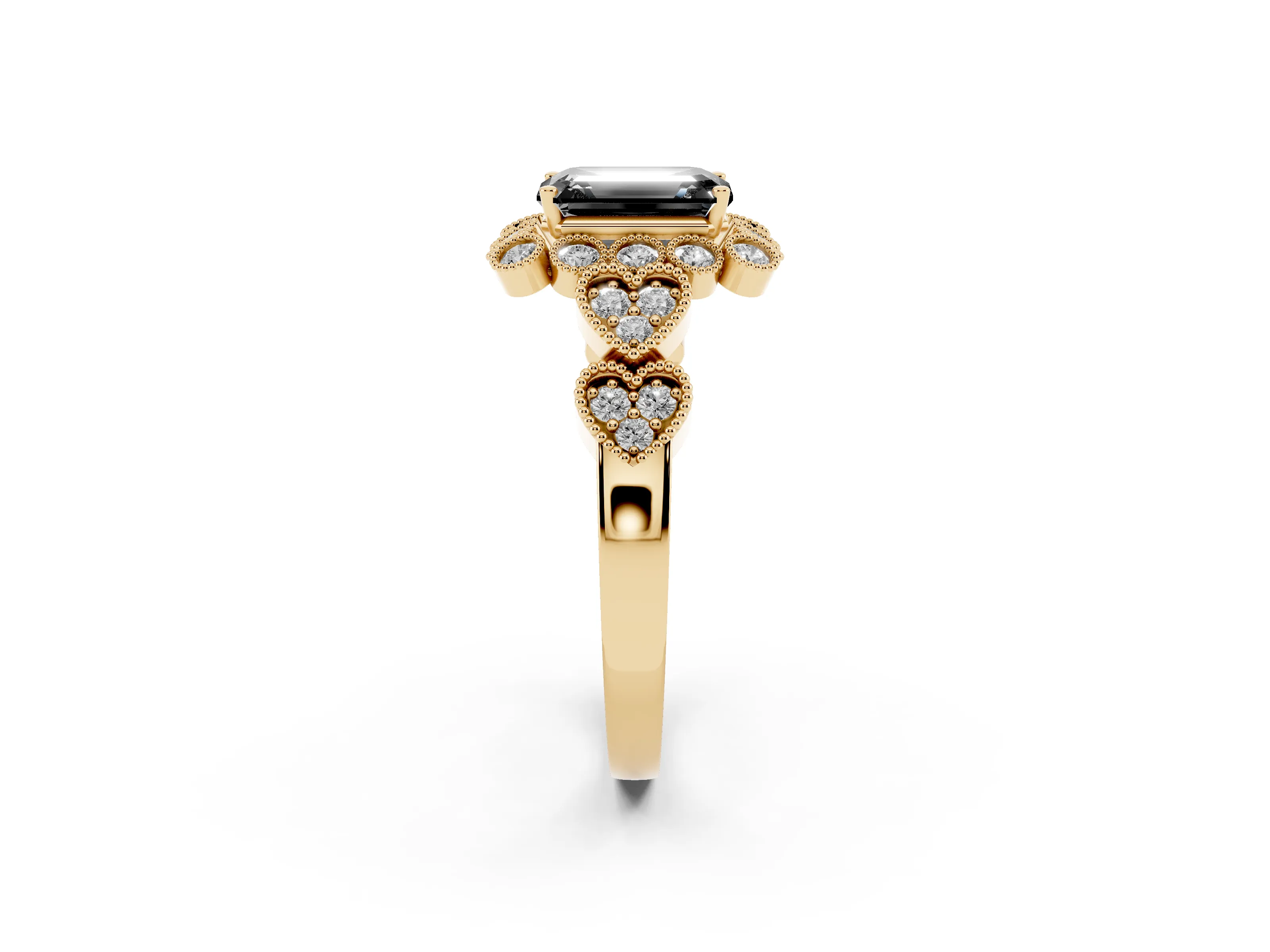 Fancy Black Emerald Cut Diamond Solitaire Ring Set in Yellow gold with Milgrain Pavé Heart Band