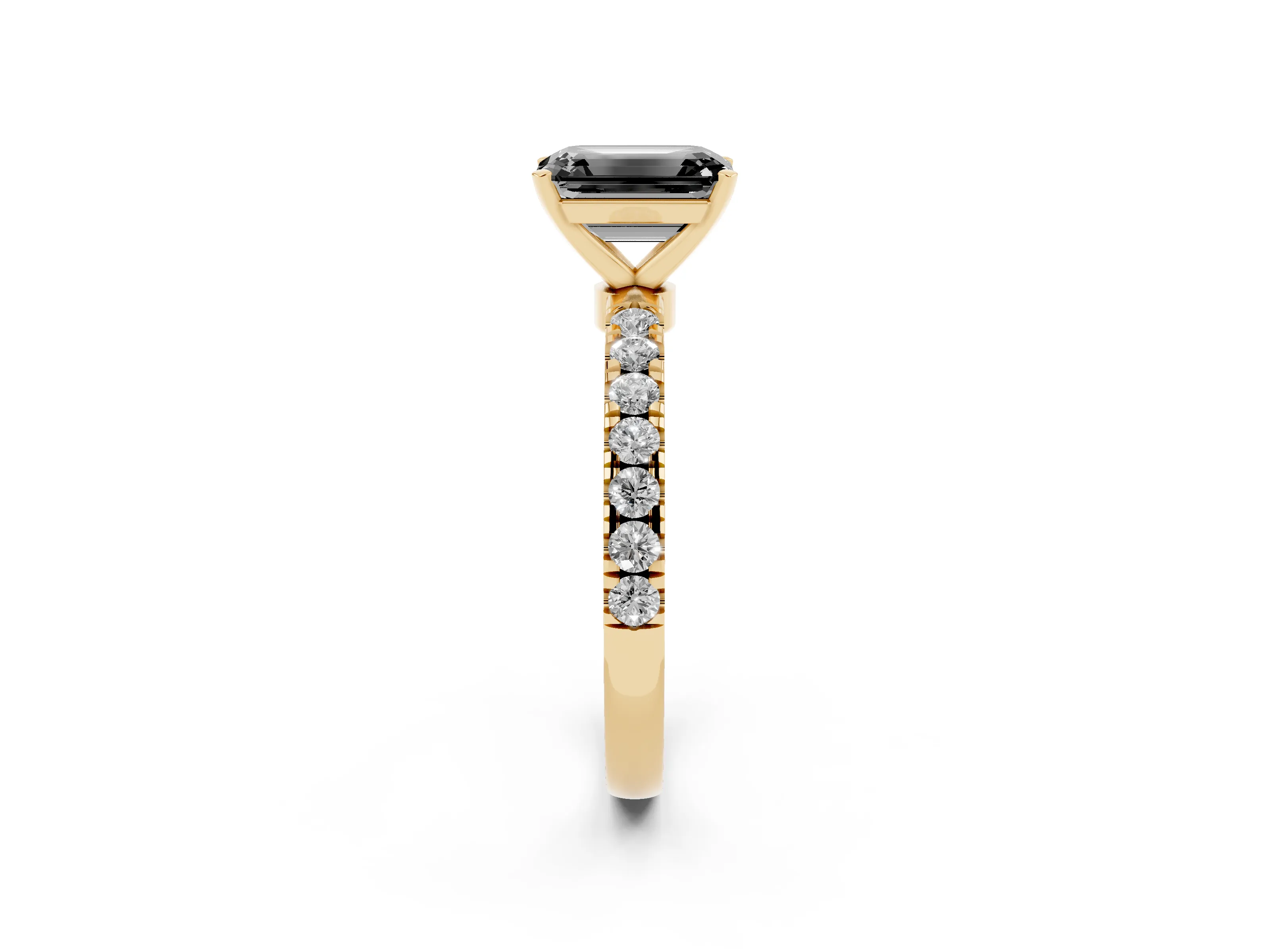 Fancy Black Emerald Cut Diamond Solitaire Ring Set in Yellow gold with Pavé Accents and Prong Setting
