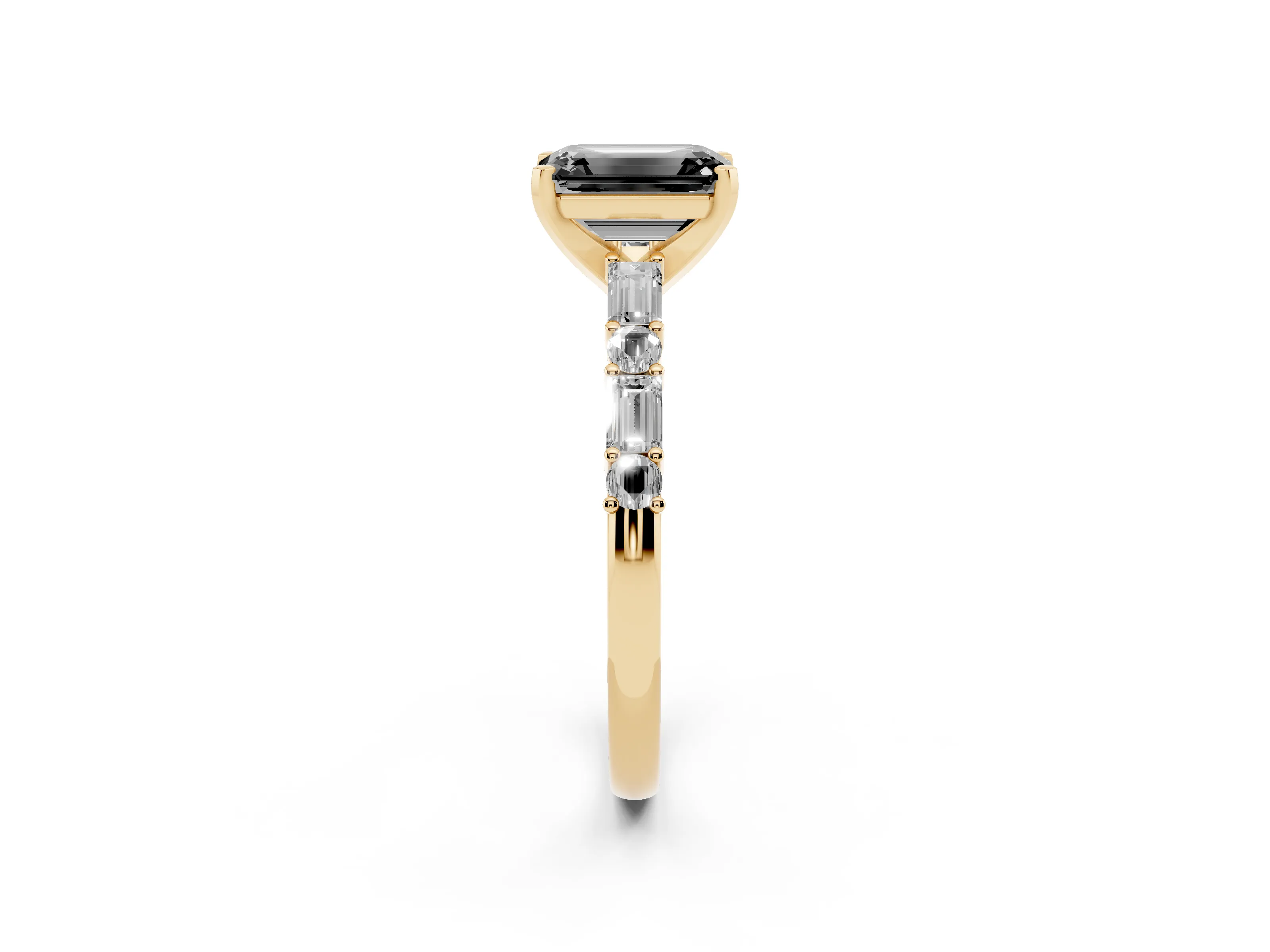 Fancy Black Emerald Cut Diamond Solitaire Set in Yellow gold with Side Baguettes and Channel Set Band