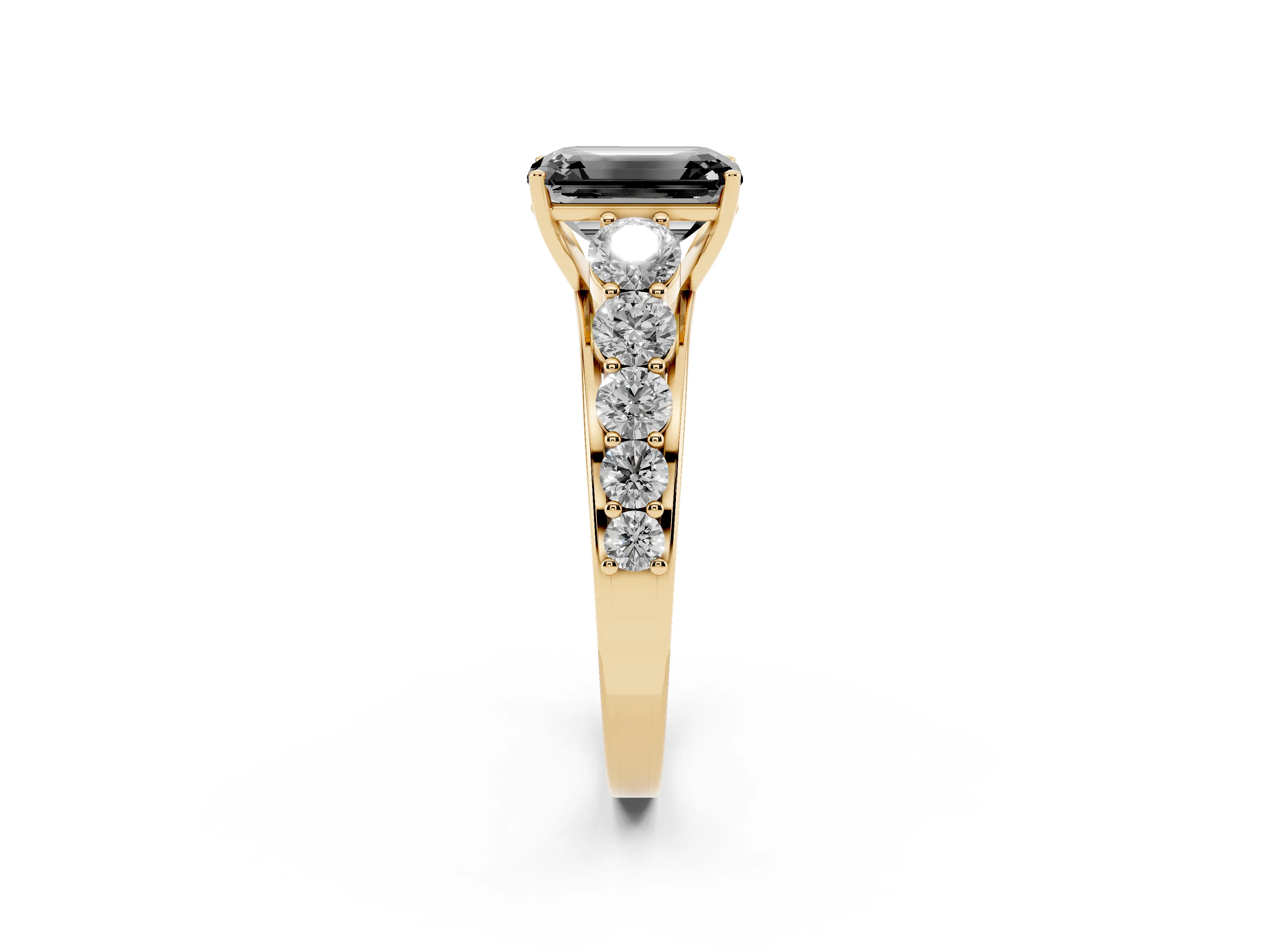 Fancy Black Emerald Cut Diamond Solitaire Ring Set in Yellow gold with Pavé-Set Band and Prong Setting