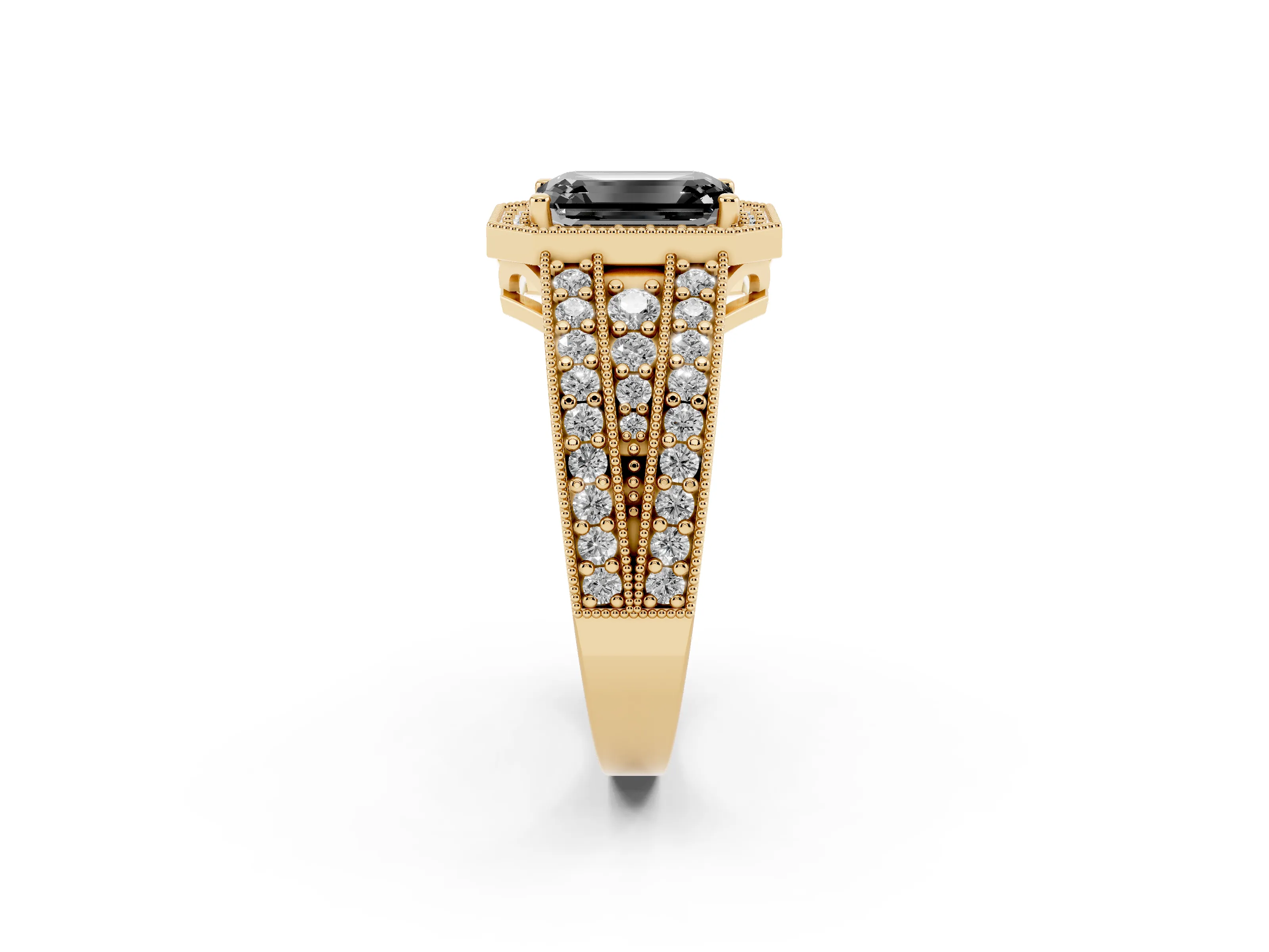 Fancy Black Emerald Cut Diamond Halo Ring Set in Yellow gold with Accent Split Shank and Prong Setting