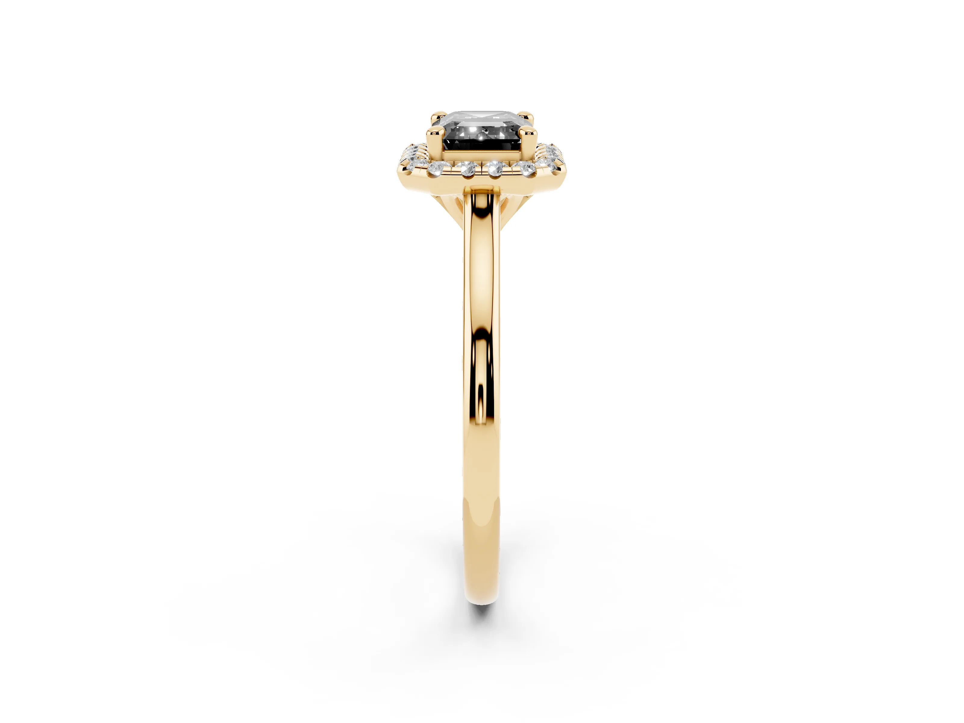 Fancy Black Emerald Cut Diamond Halo Engagement Ring Set in Yellow gold with Pavé Band and Rising Shoulders