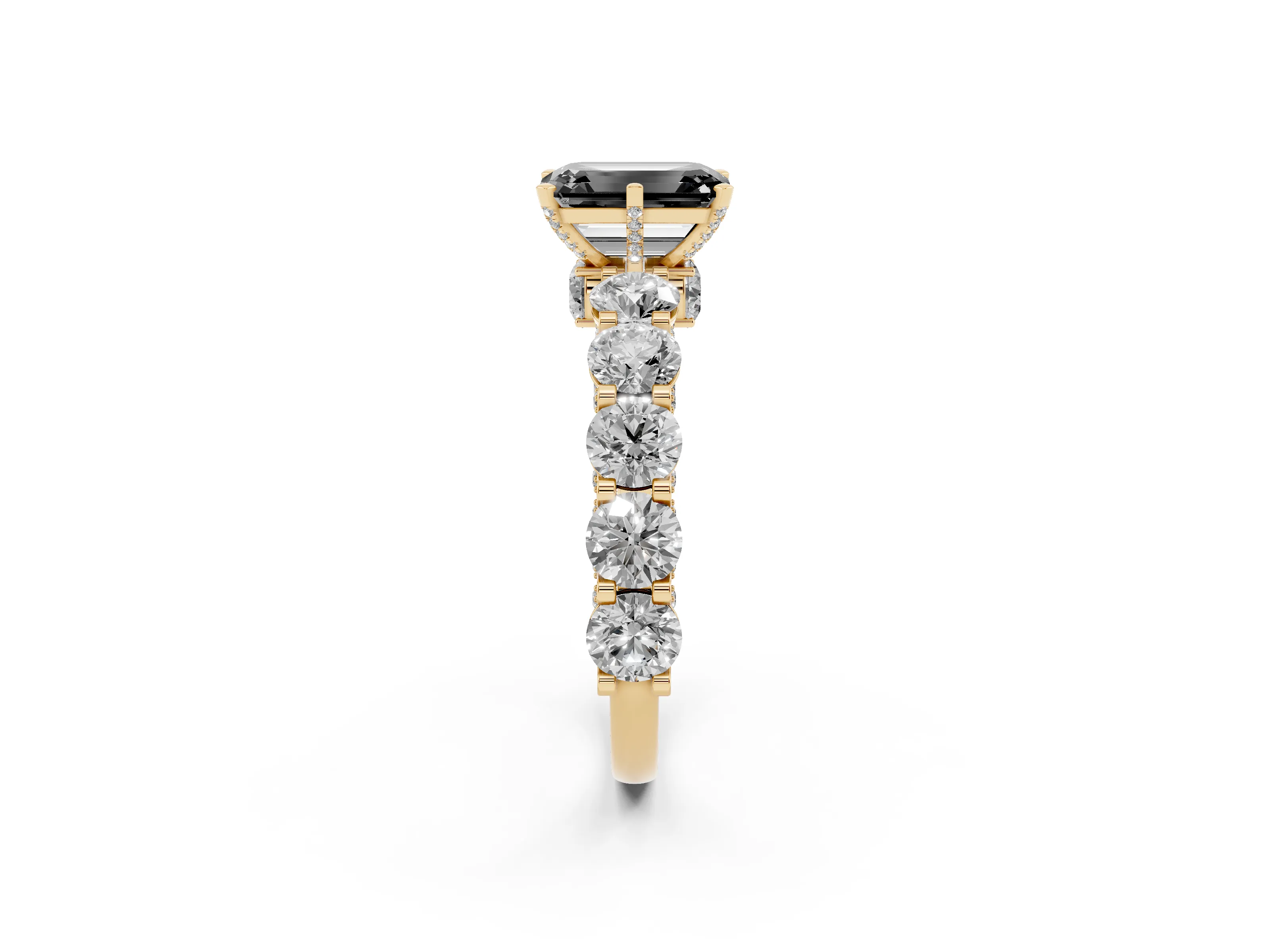 Fancy Black Emerald Cut Diamond Side Stone Ring Set in Yellow gold with Alternating Round and Oval Side Stones