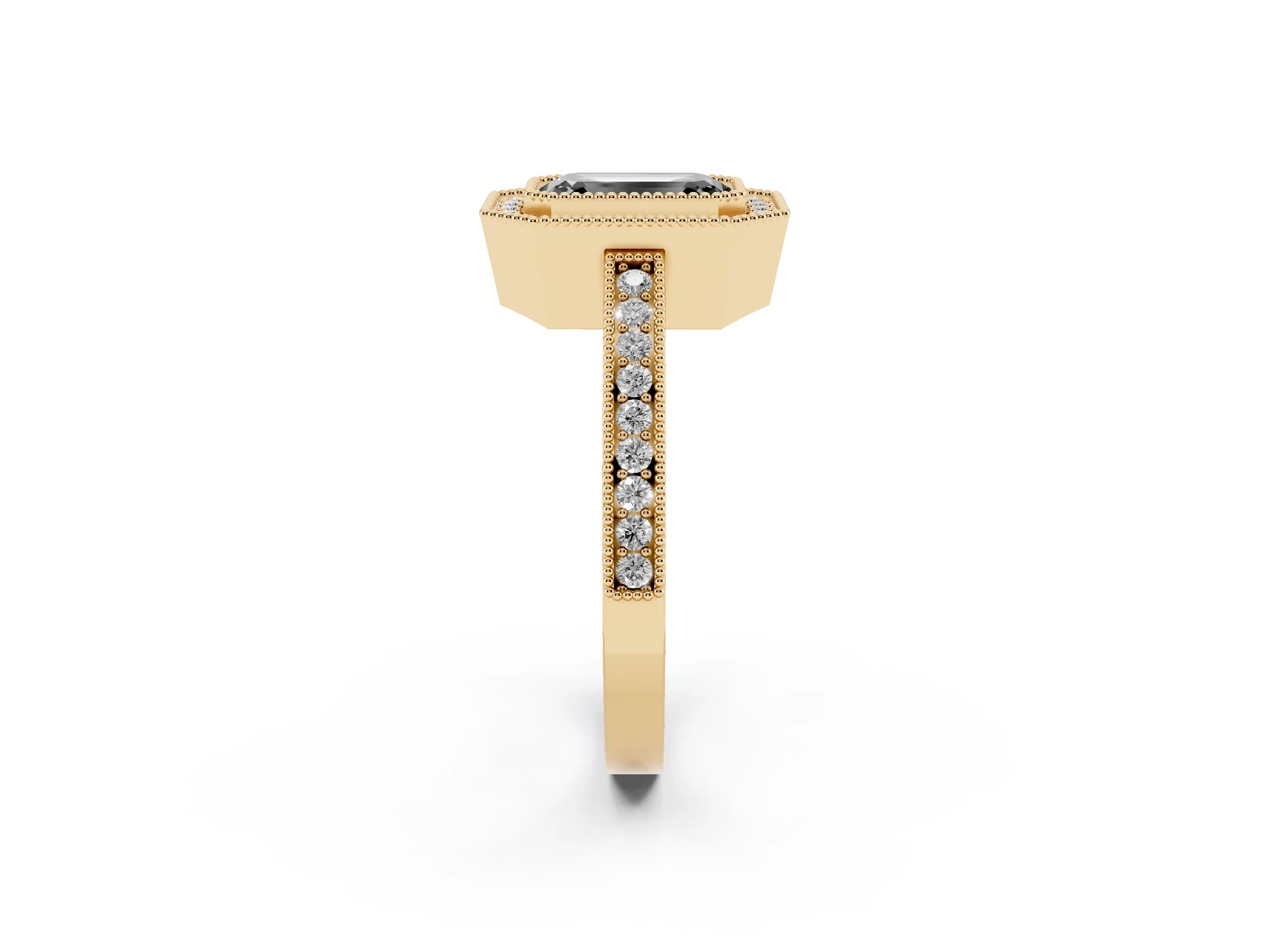 Fancy Black Emerald Cut Diamond Round Halo Ring Set in Yellow gold with Pavé Band