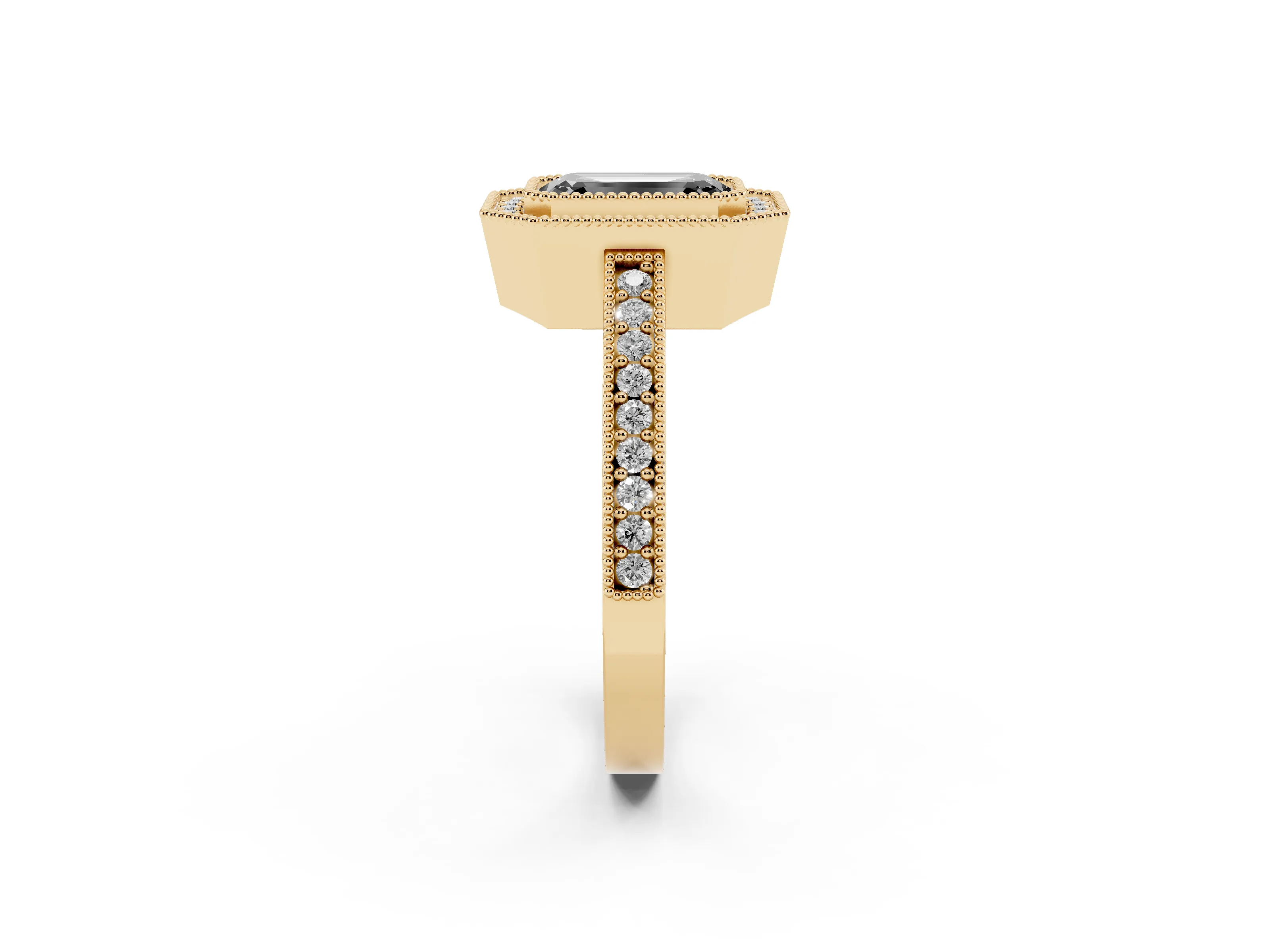Fancy Black Emerald Cut Diamond Halo Engagement Ring Set in Yellow gold with Pavé Band and Round Halo Stones