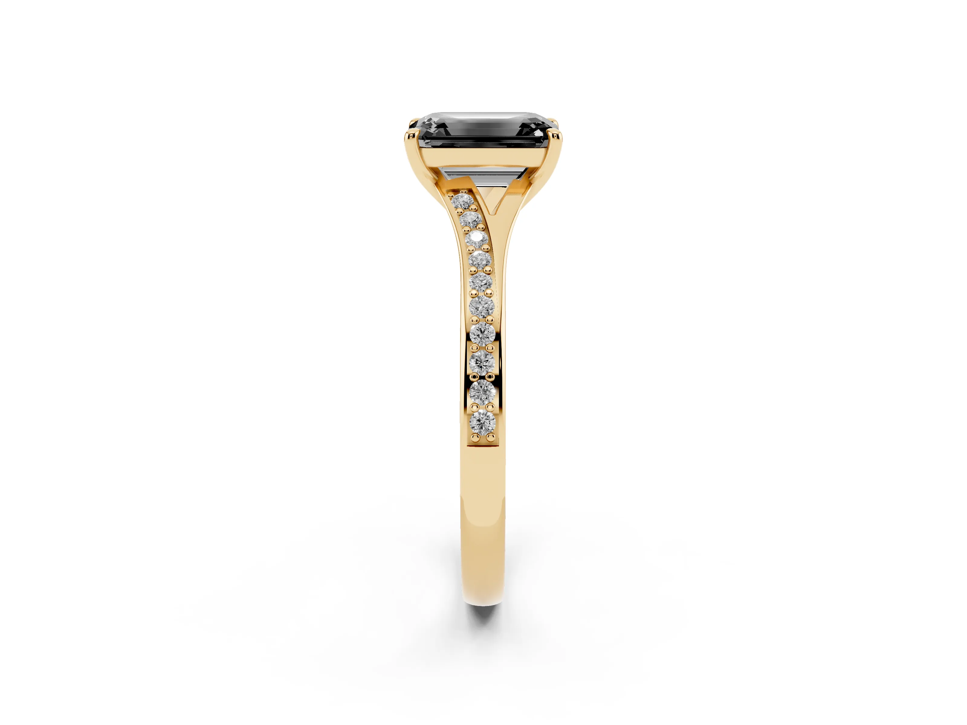 Fancy Black Emerald Cut Diamond Solitaire Ring Set in Yellow gold with Pavé Accent Band and Classic Prong Setting