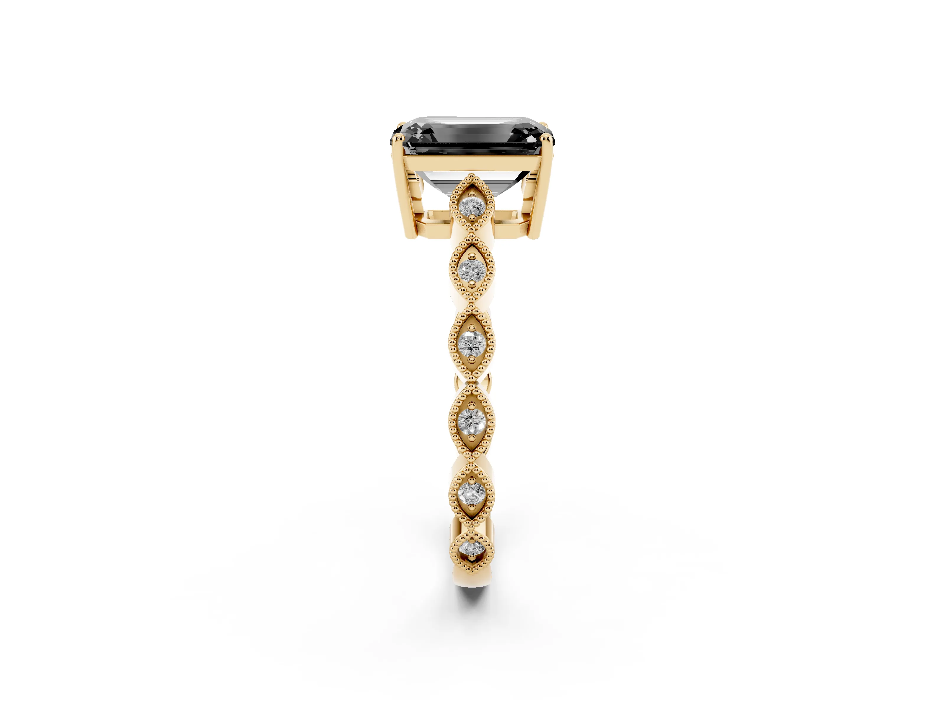 Fancy Black Emerald Cut Diamond Solitaire Ring Set in Yellow gold with Infinity Twist Pavé Band
